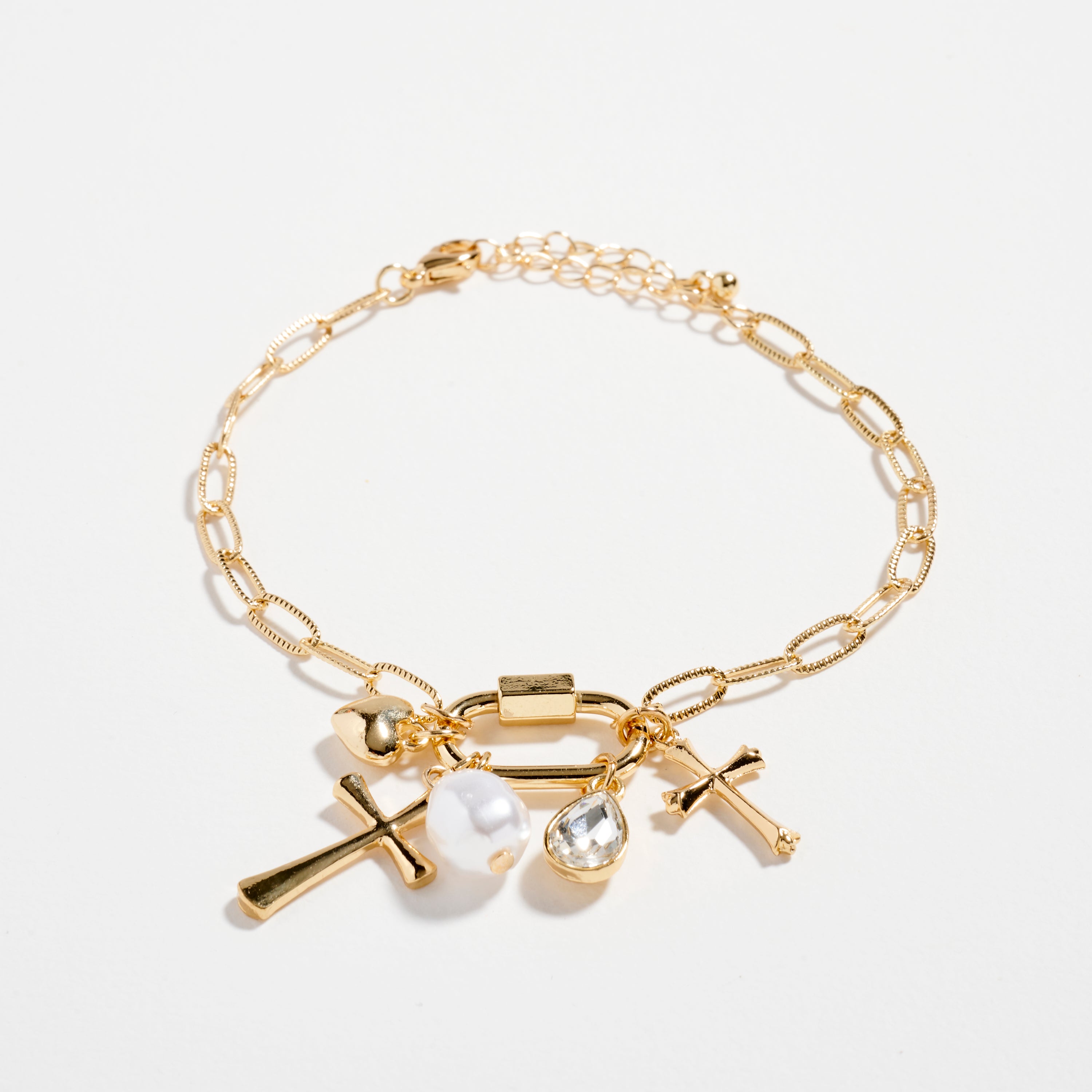 3-Piece Layered Chain Bracelet Set – Cross, Heart & Pearl Charms