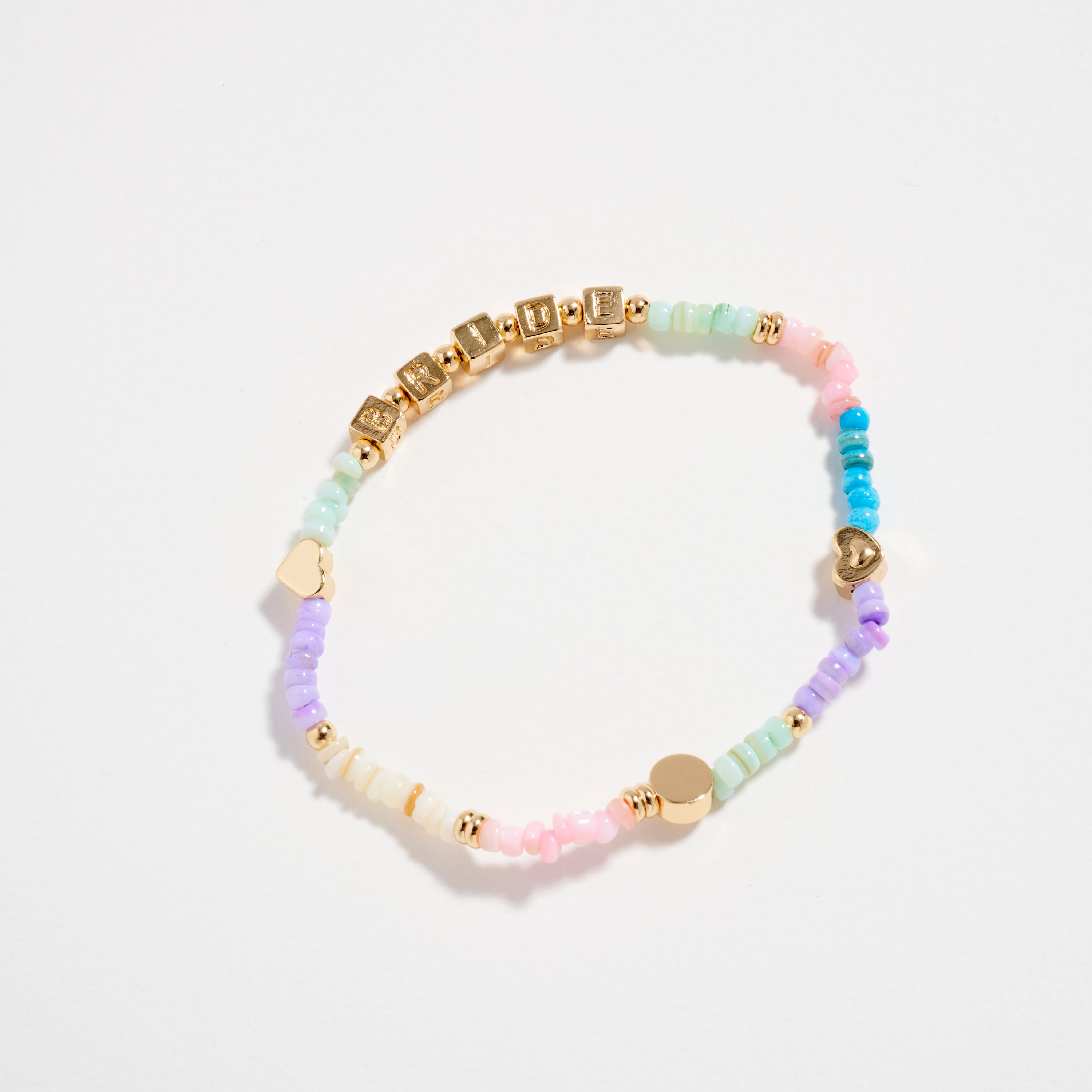 Gold Dipped Beaded “Bride” Bracelet with Gold Letter Cubes & Heart Accents – Wedding Party Stretch Bracelet
