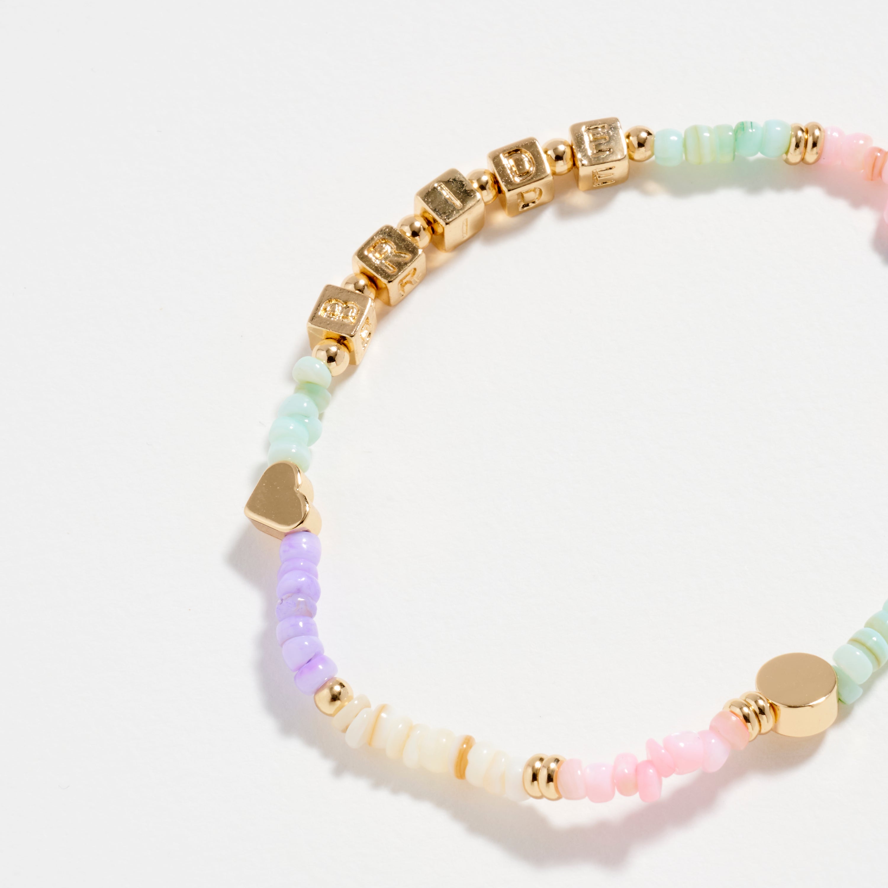 Gold Dipped Beaded “Bride” Bracelet with Gold Letter Cubes & Heart Accents – Wedding Party Stretch Bracelet