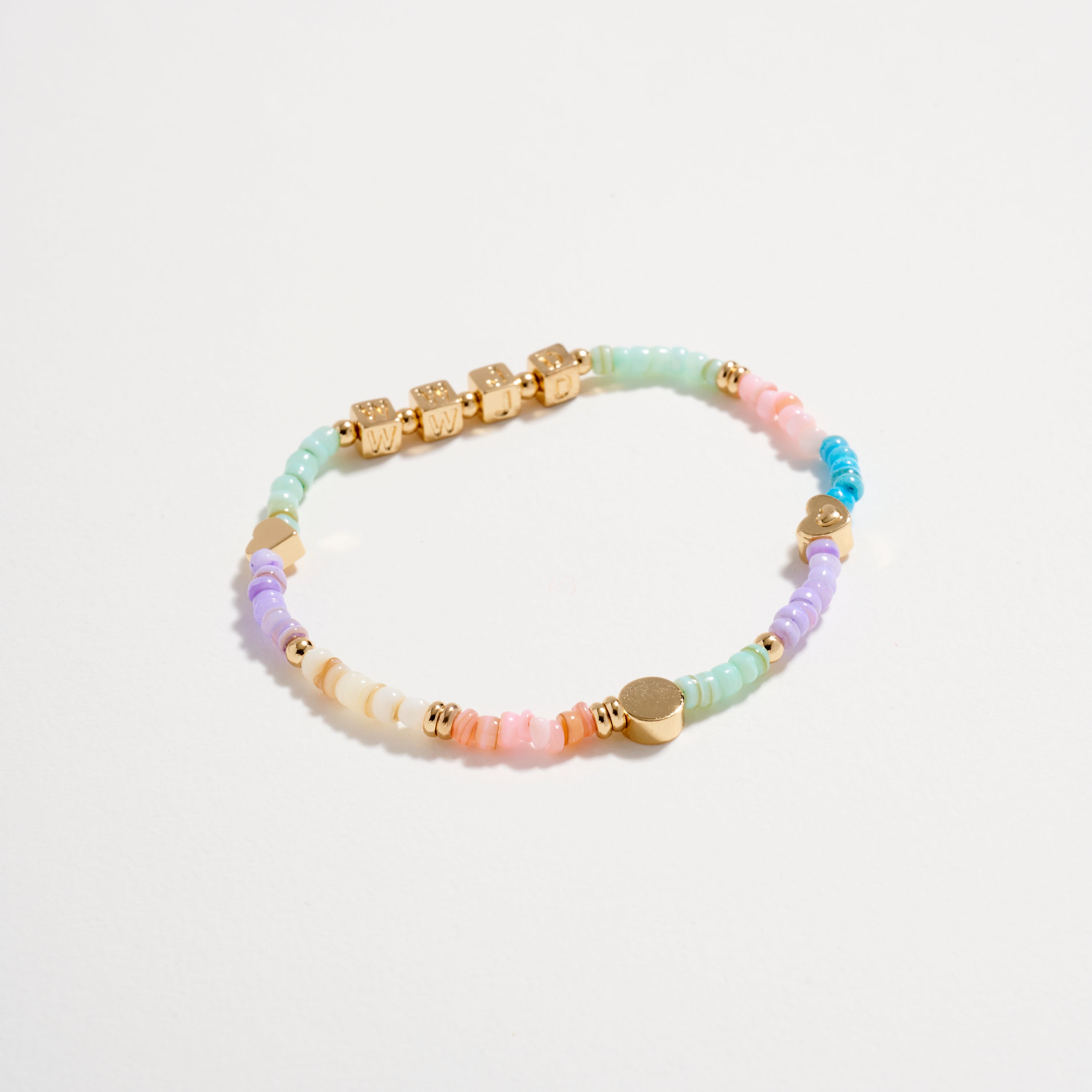 "WWJD" Beaded Stretch Bracelet | Pastel Rainbow & Gold Letter Bead Bracelet | Christian Jewelry Gift | What Would Jesus Do Bracelet