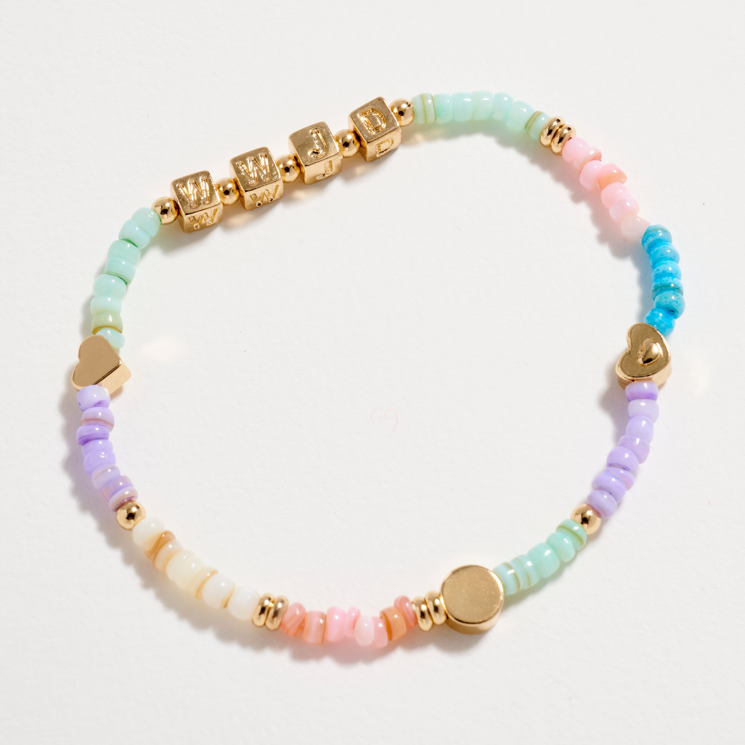 "WWJD" Beaded Stretch Bracelet | Pastel Rainbow & Gold Letter Bead Bracelet | Christian Jewelry Gift | What Would Jesus Do Bracelet