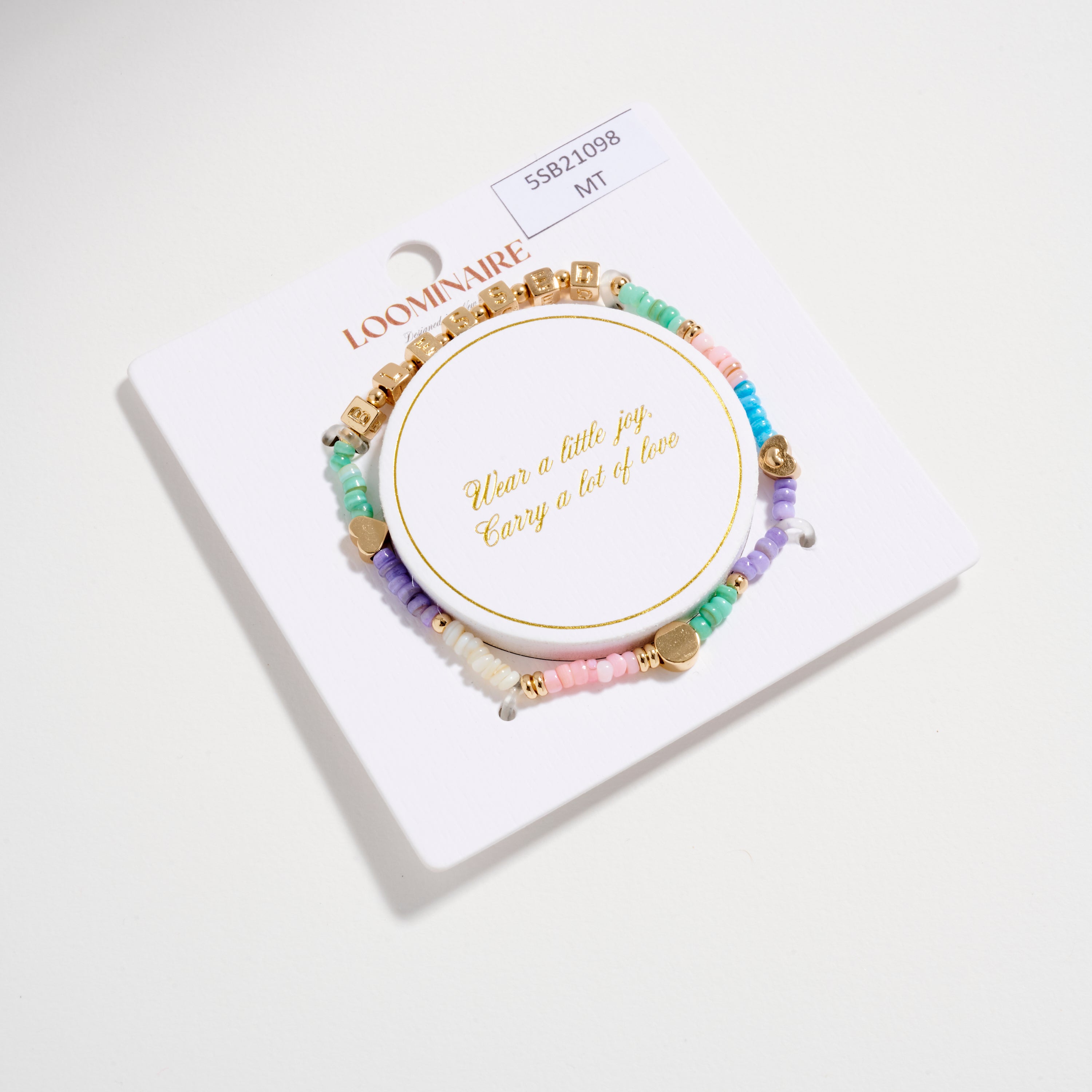 Beaded “Blessed” Bracelet with Gold Letter Cubes & Heart Accents – Inspirational Stretch Bracelet