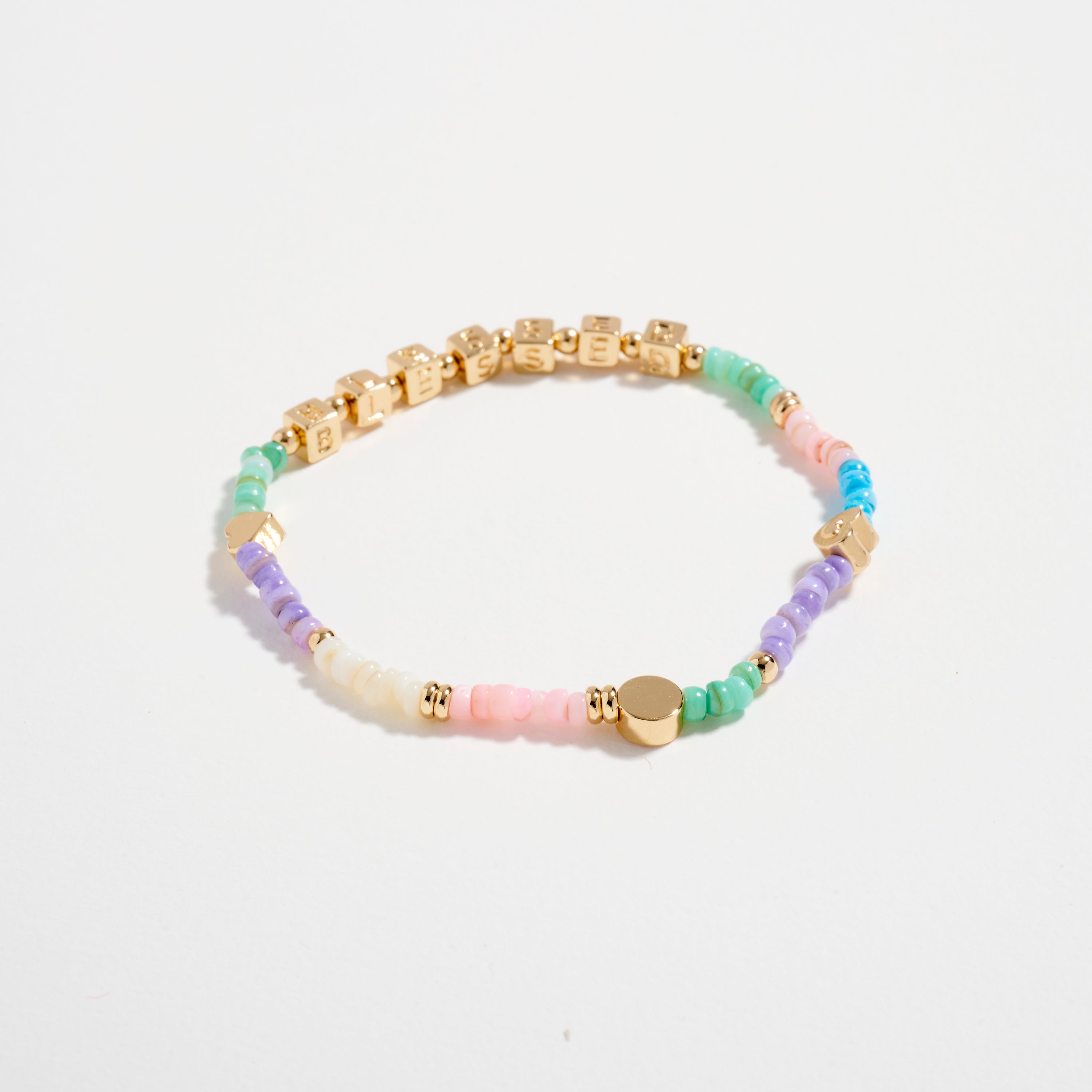 Gold Dipped Beaded “Blessed” Bracelet with Gold Letter Cubes & Heart Accents – Inspirational Stretch Bracelet