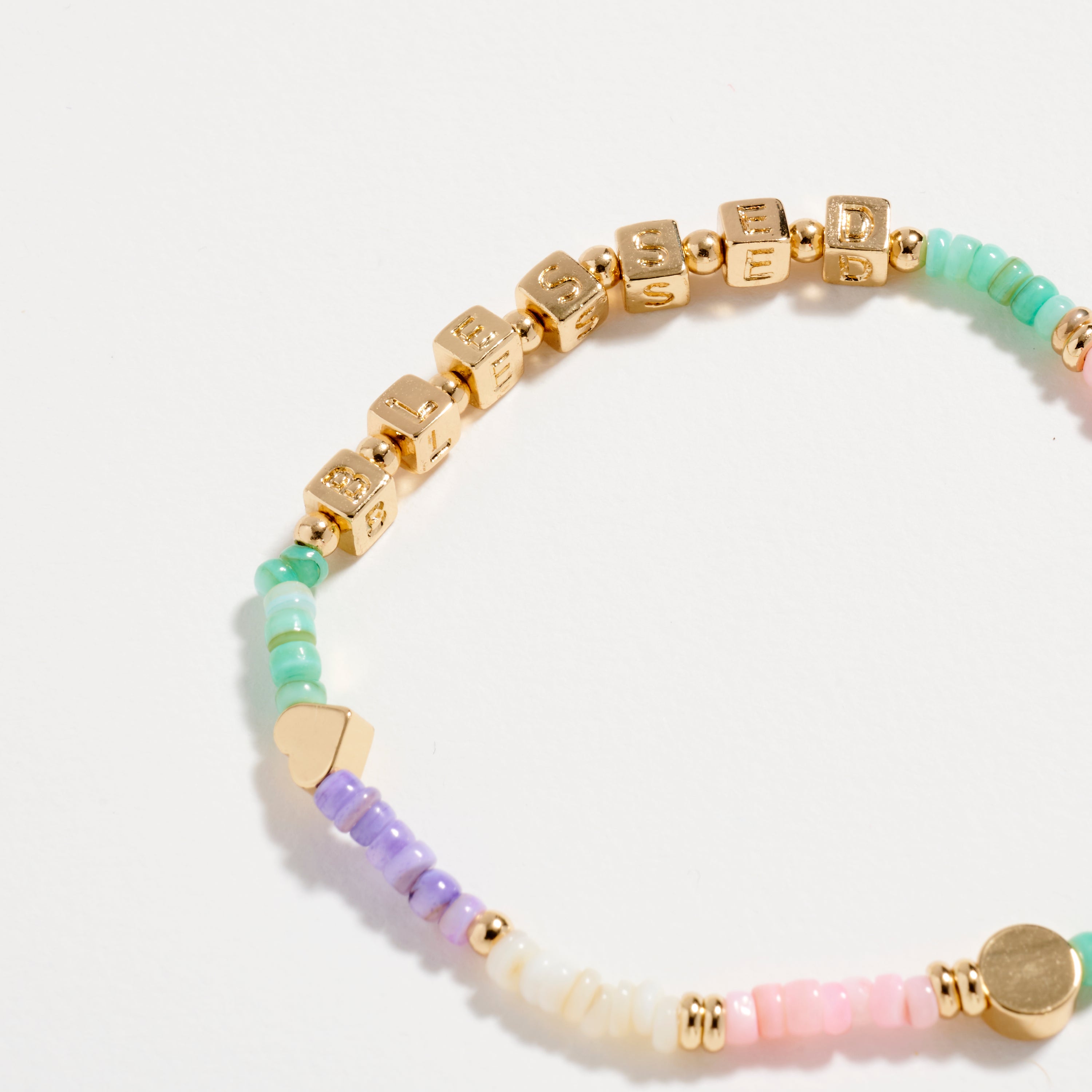 Gold Dipped Beaded “Blessed” Bracelet with Gold Letter Cubes & Heart Accents – Inspirational Stretch Bracelet
