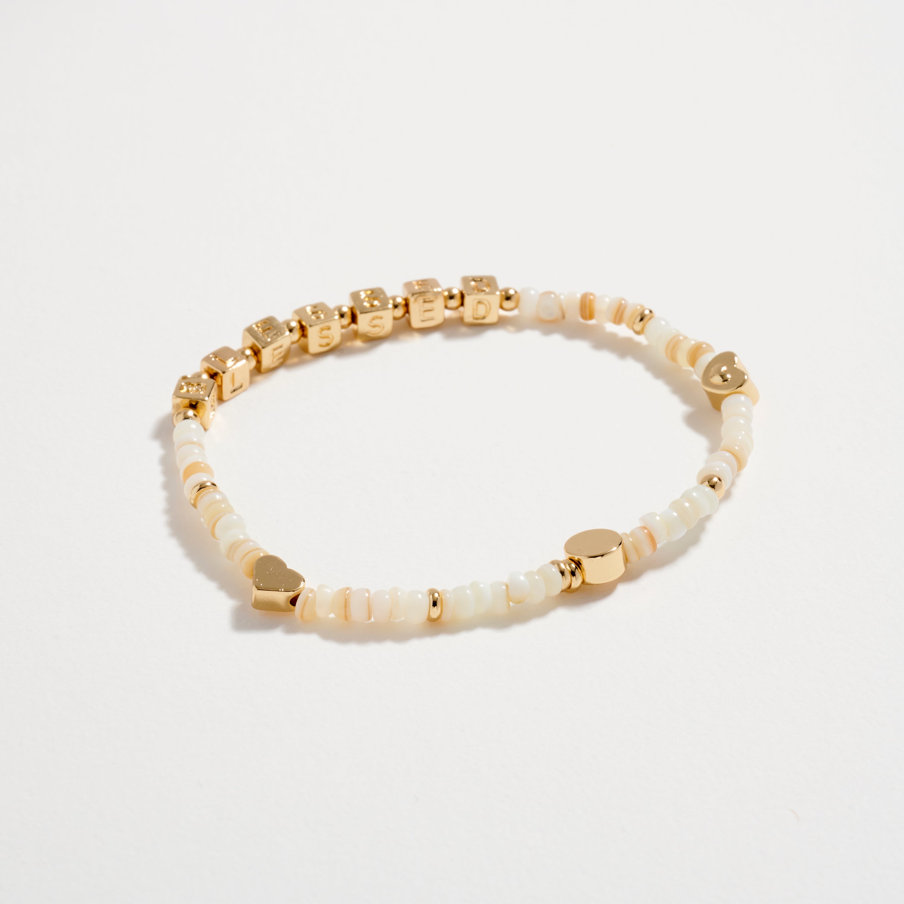 Gold Dipped Beaded “Blessed” Bracelet with Gold Letter Cubes & Heart Accents – Inspirational Stretch Bracelet