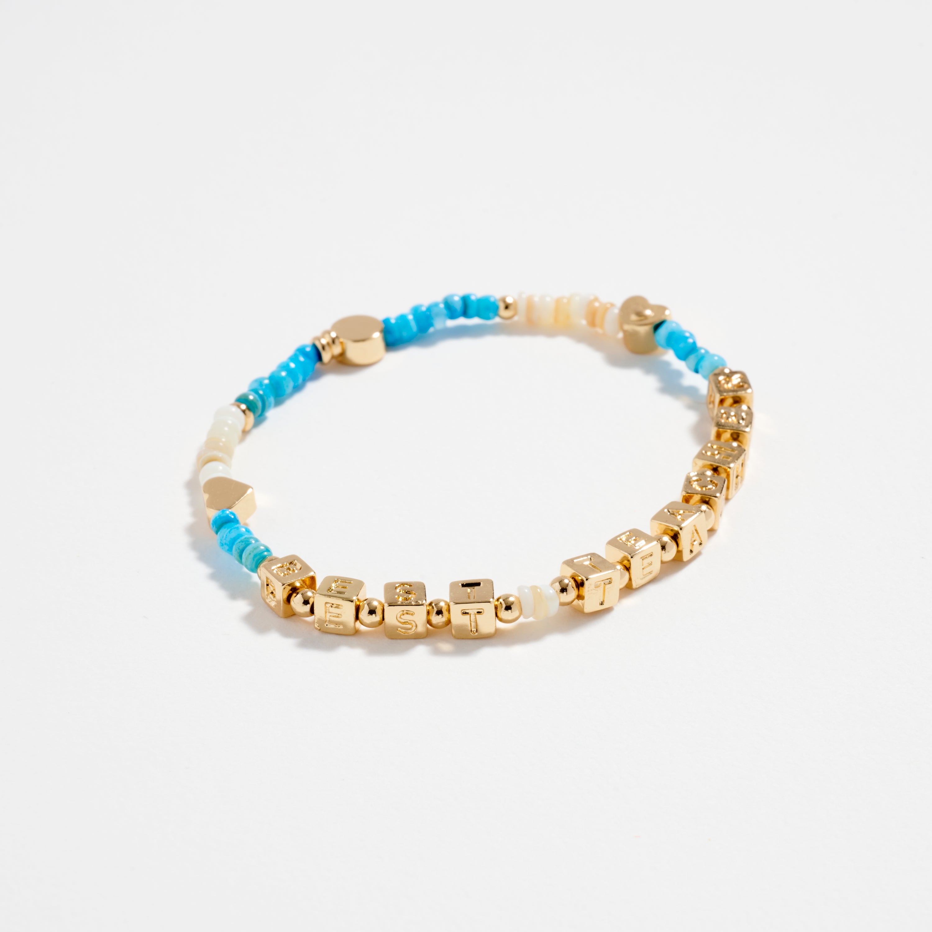 Gold Dipped Beaded “Best Teacher” Bracelet with Gold Letter Cubes & Heart Accents – Appreciation Stretch Bracelet