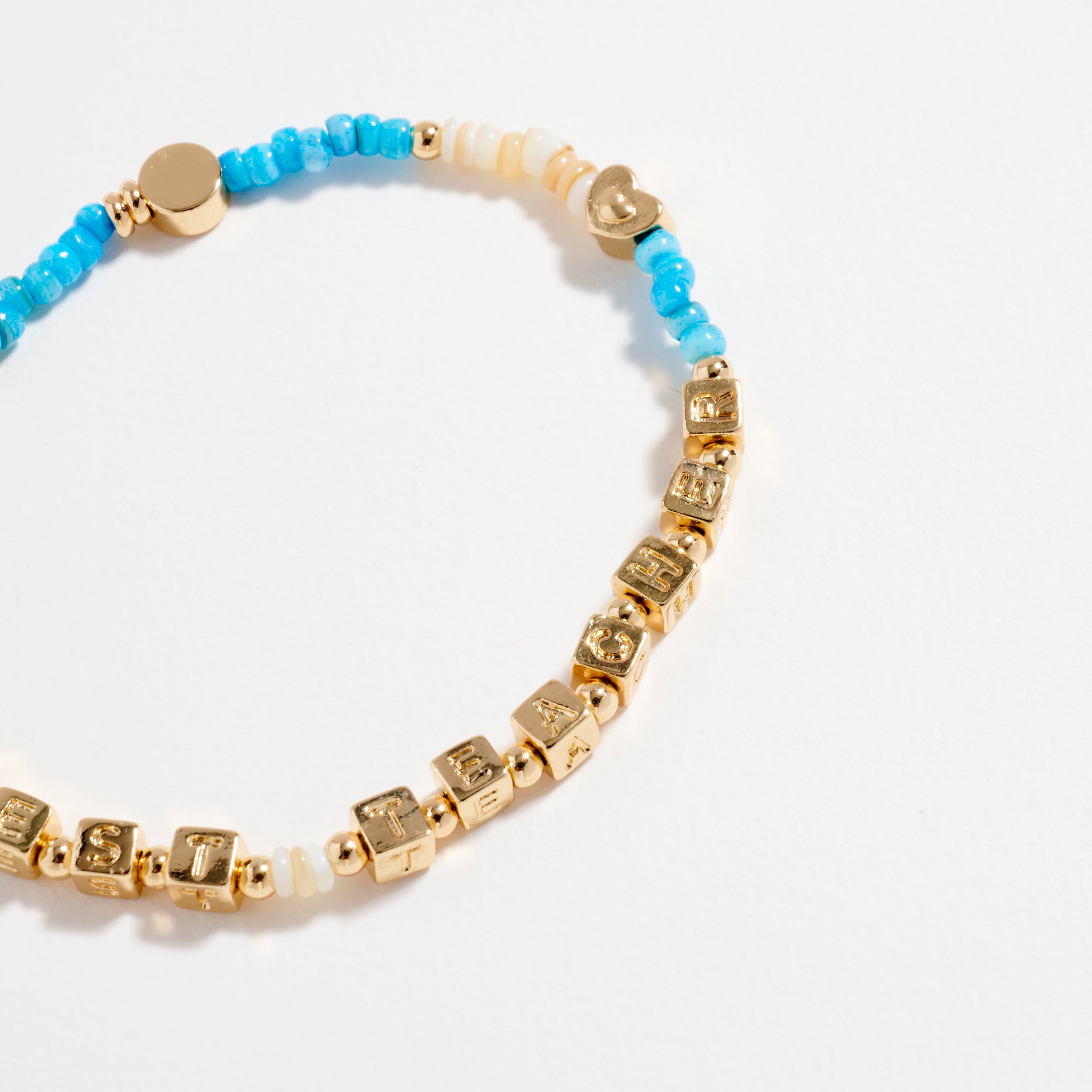 Gold Dipped Beaded “Best Teacher” Bracelet with Gold Letter Cubes & Heart Accents – Appreciation Stretch Bracelet