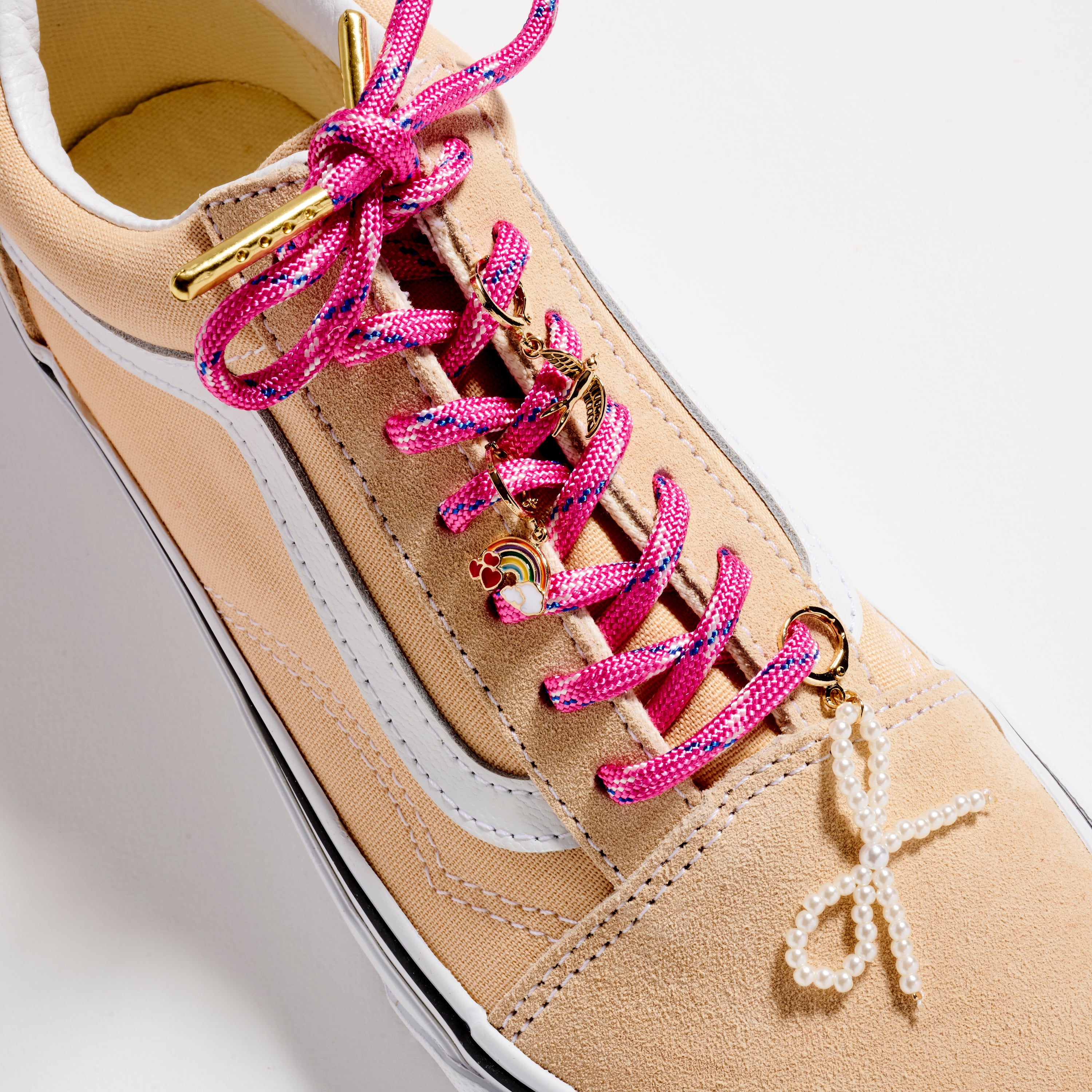 Colorful Shoelace Charm Set | Rainbow, Pearl Bow & Bee Accents with Pink Lace