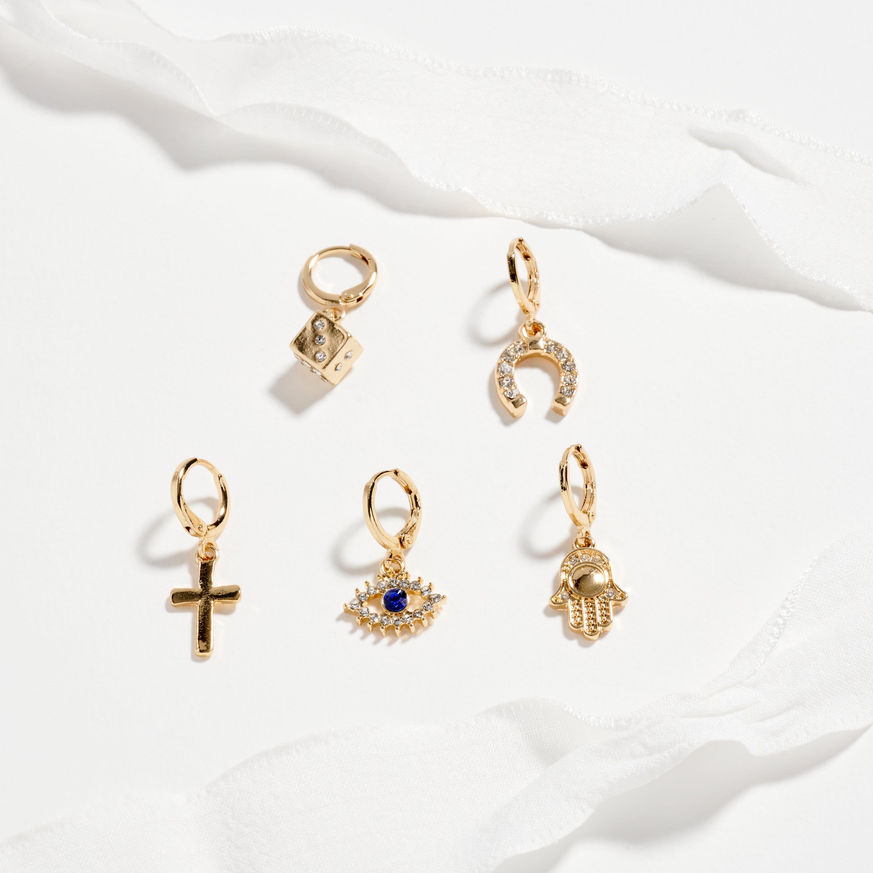 Gold Shoe Charm Set with Symbolic Pendants – Lucky Icons & White Ribbon Laces