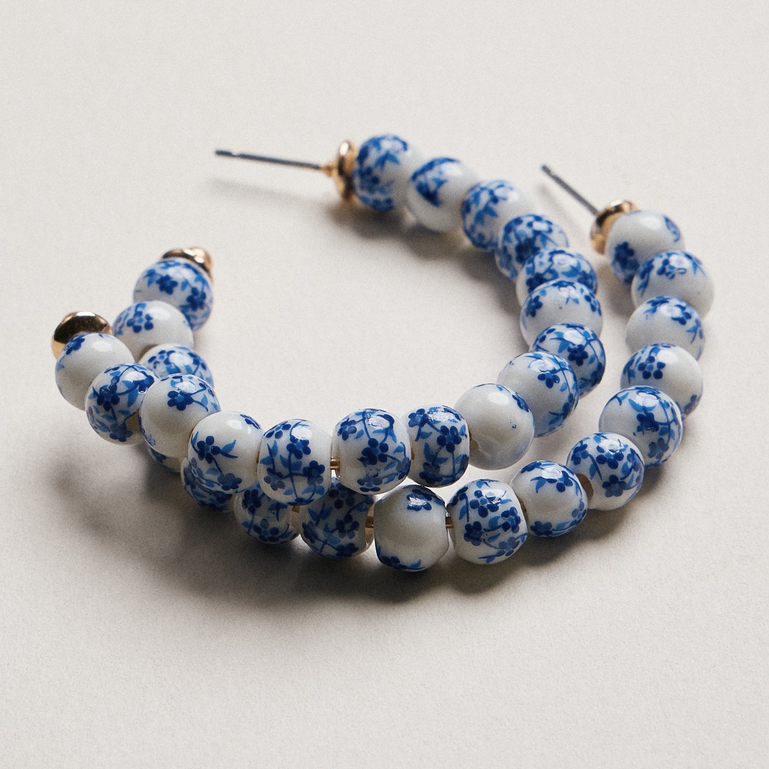 Blue Porcelain Beaded Hoop Earrings | Floral Ceramic Pattern Gold Tone Statement Hoops