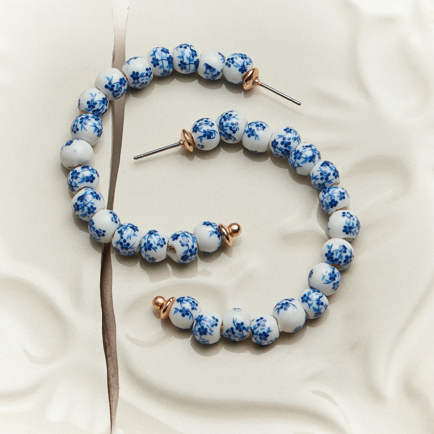 Blue Porcelain Beaded Hoop Earrings | Floral Ceramic Pattern Hoops