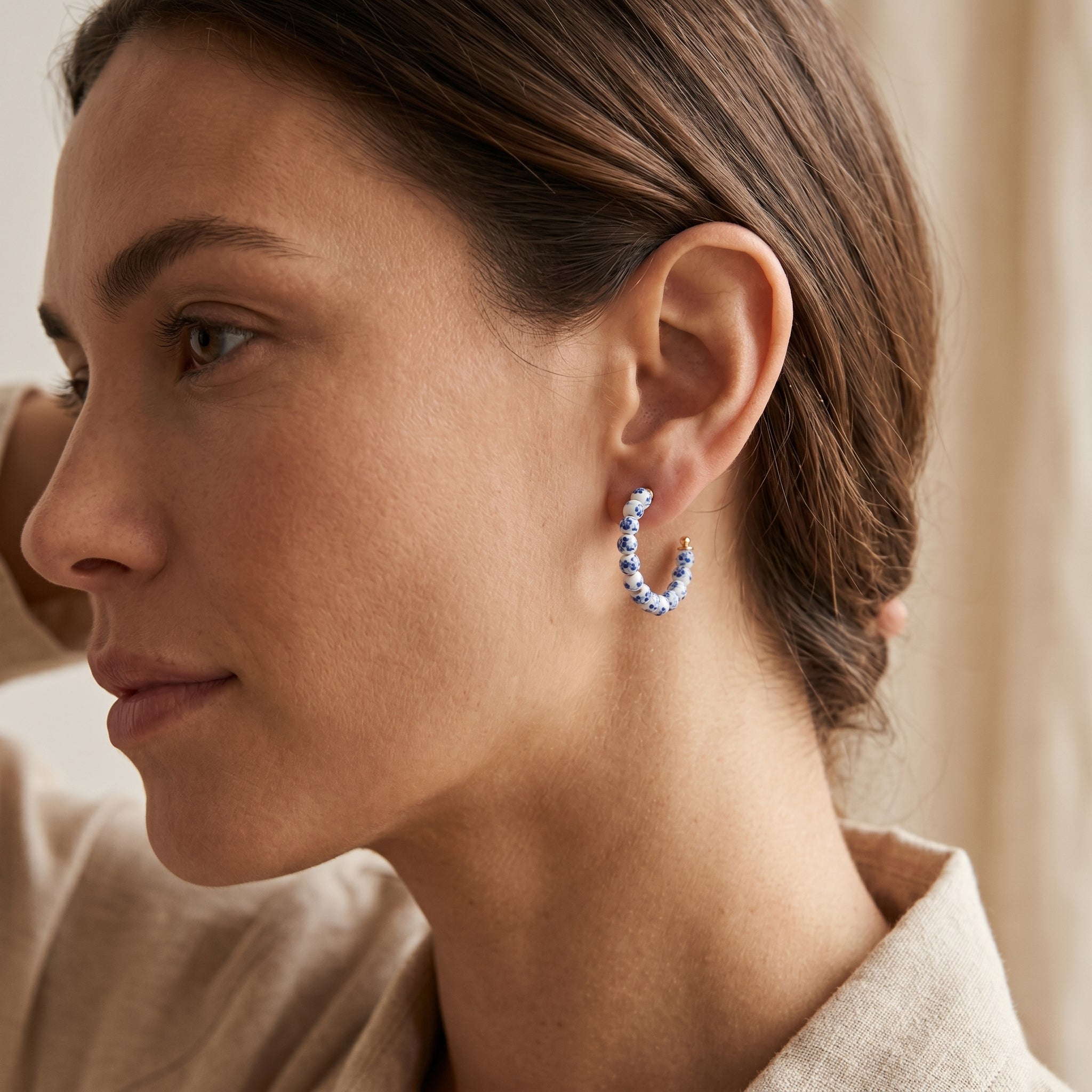 Blue Porcelain Beaded Hoop Earrings | Floral Ceramic Pattern Hoops