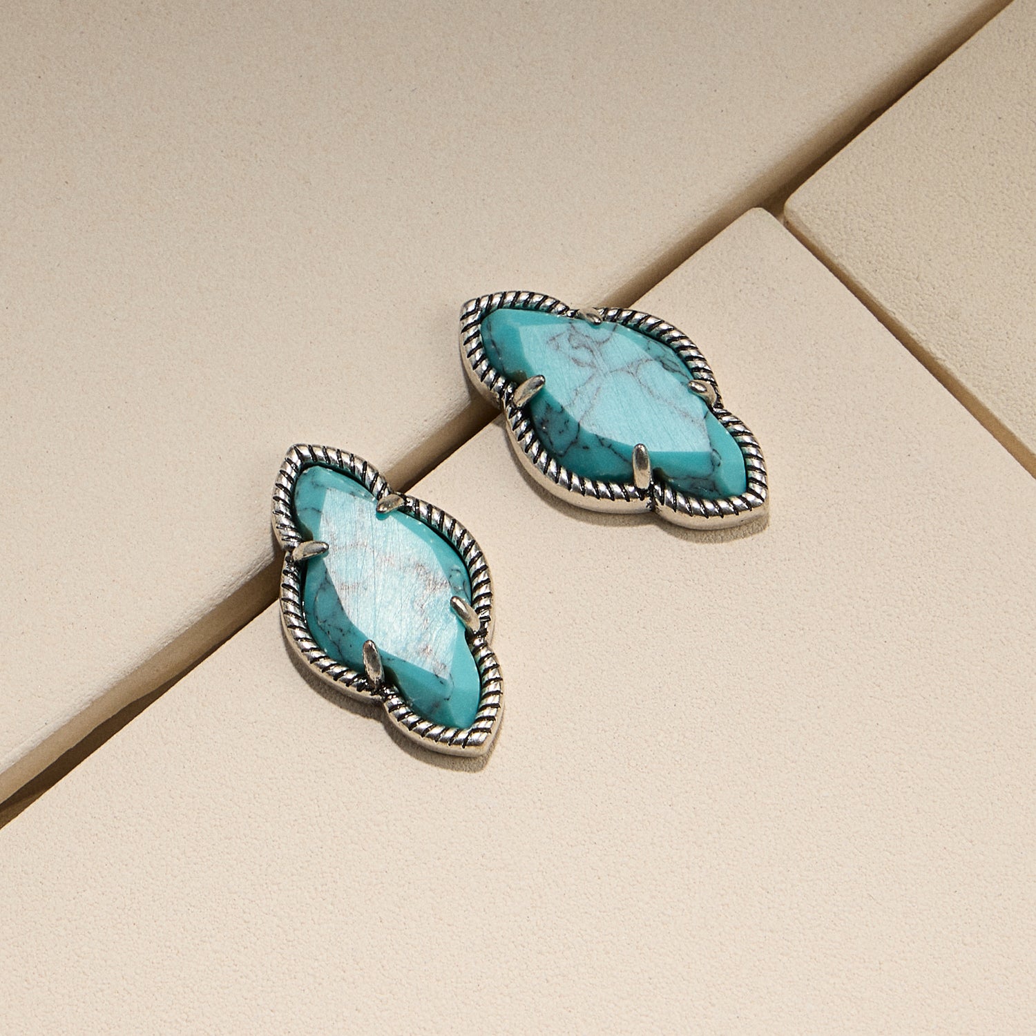 Silver-Framed Turquoise Button Earrings