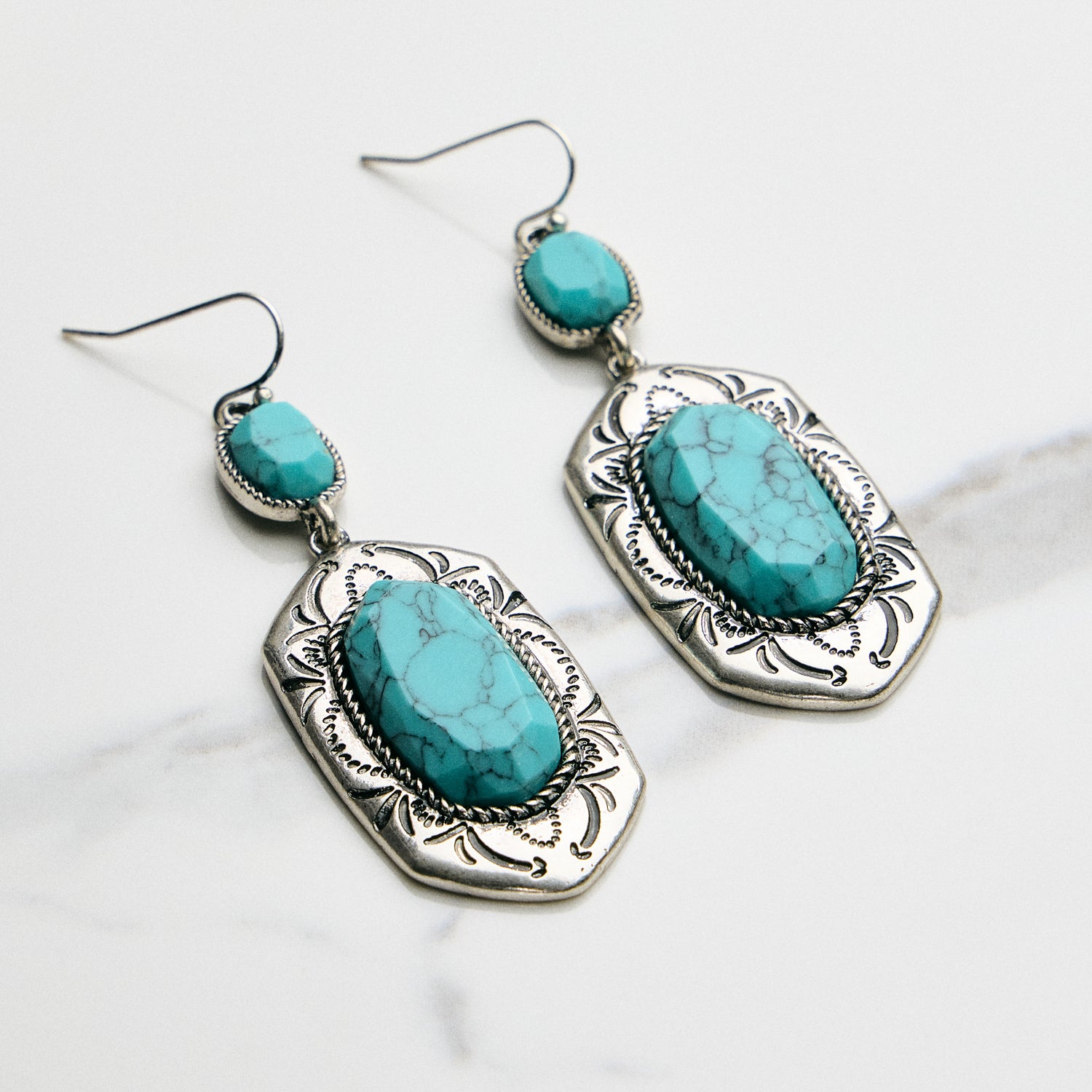 Turquoise Drop Earrings with Etched Frame
