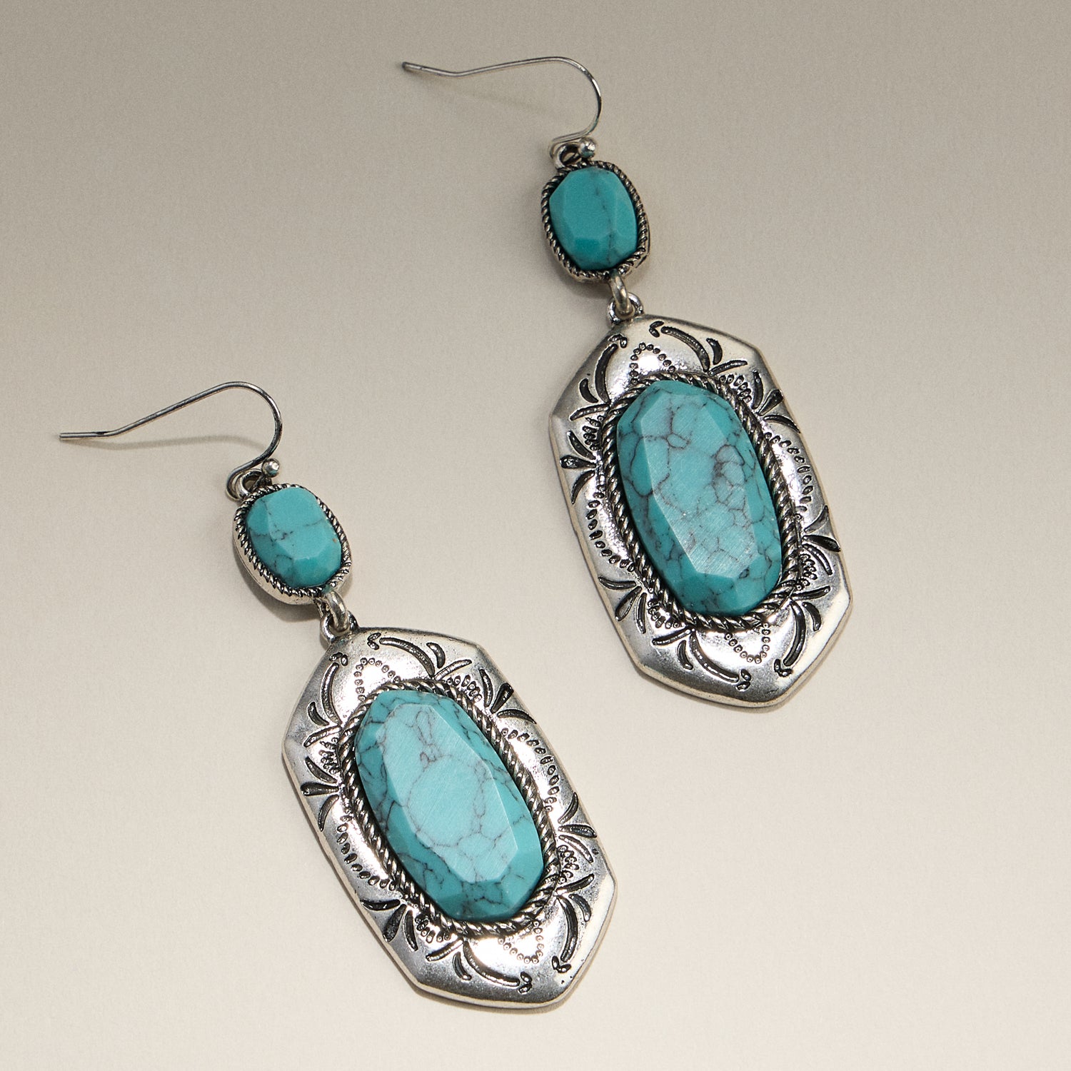 Turquoise Drop Earrings with Etched Frame