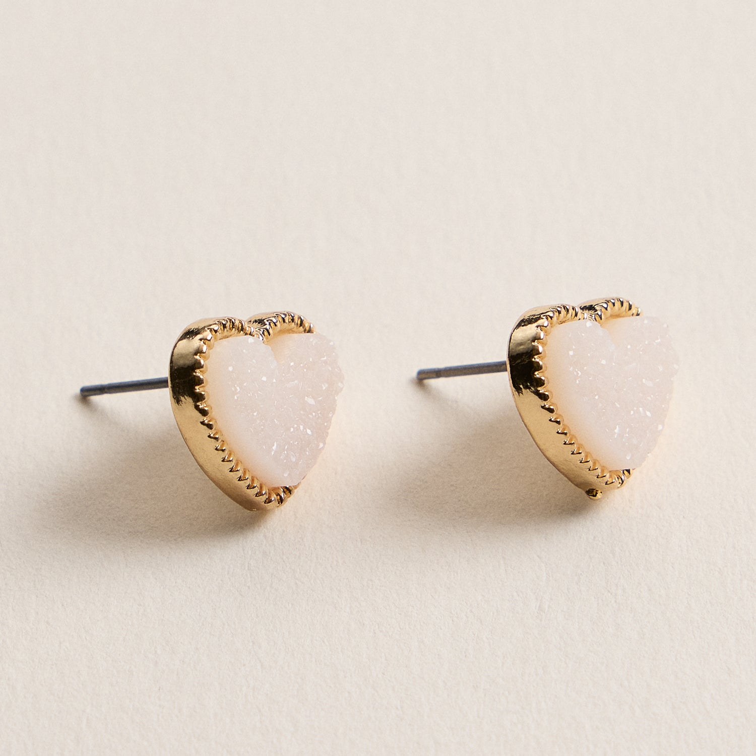 Elegant Gold-Trimmed Druzy Heart Stud Earrings