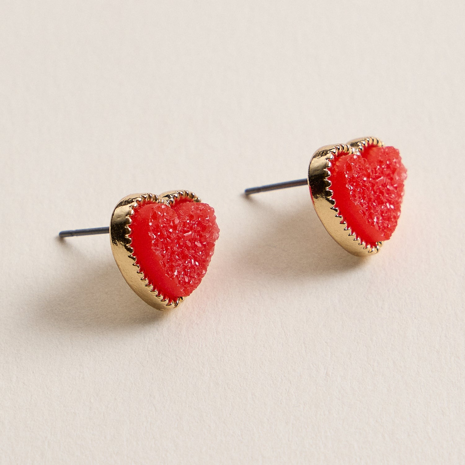 Elegant Gold-Trimmed Druzy Heart Stud Earrings