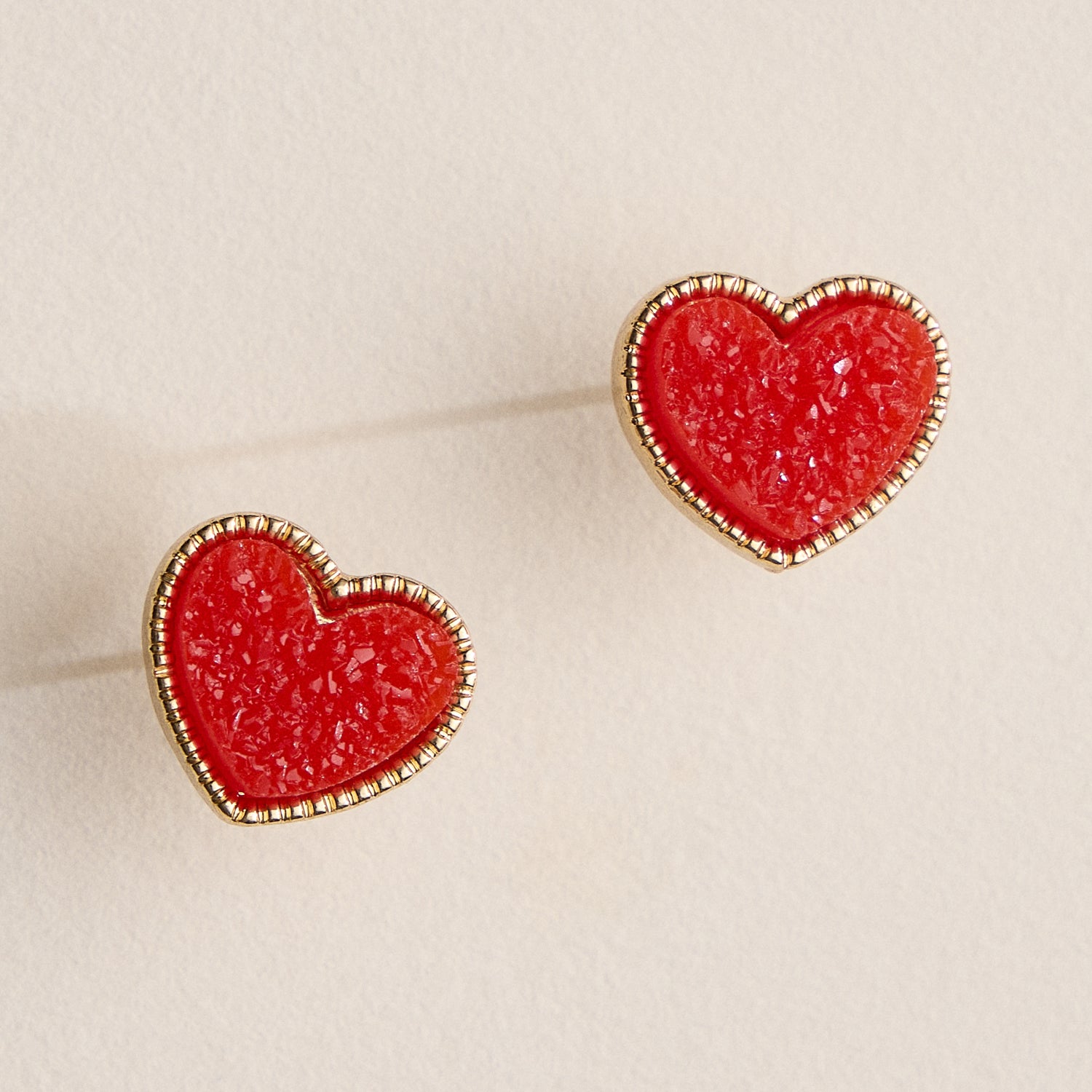 Elegant Gold-Trimmed Druzy Heart Stud Earrings