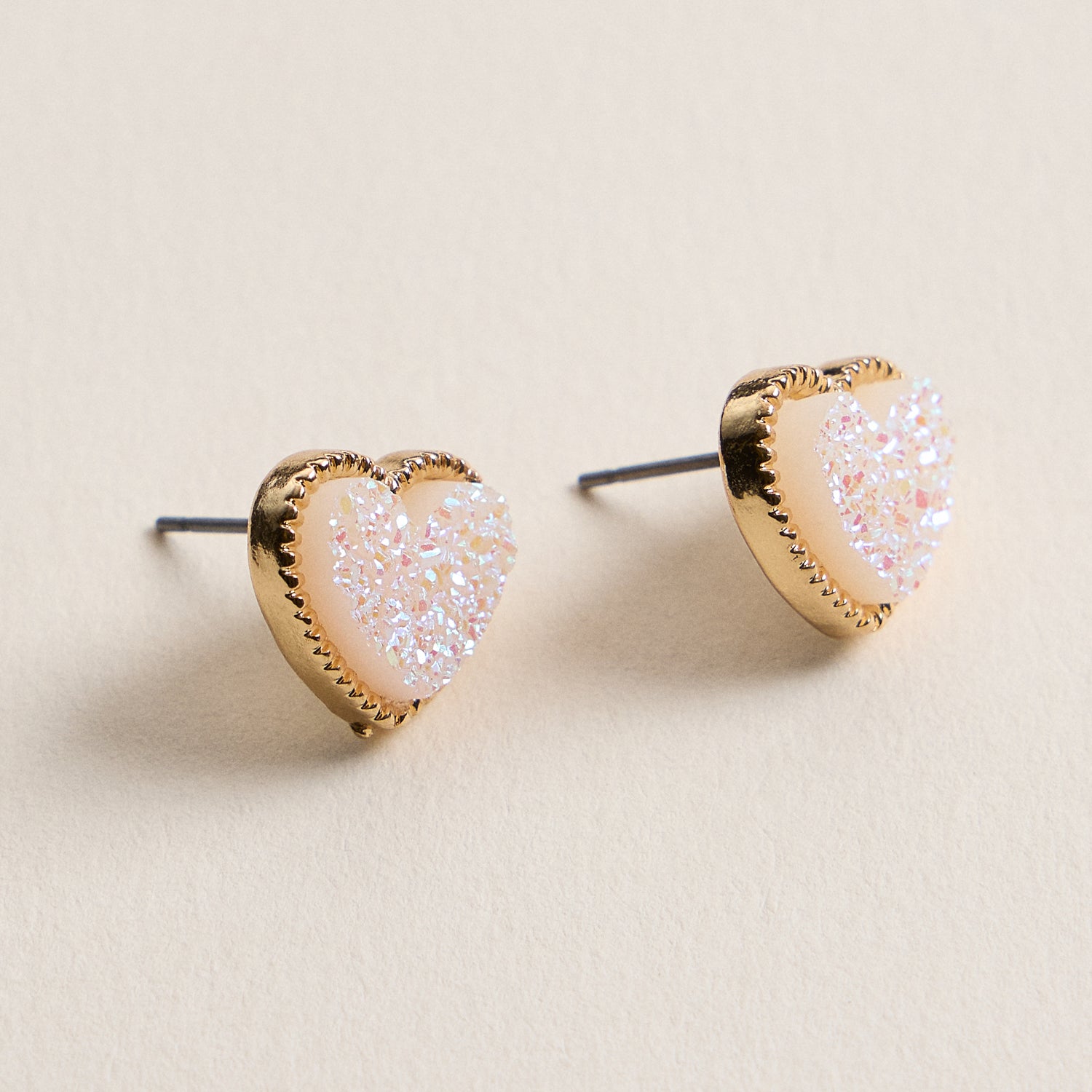 Elegant Gold-Trimmed Druzy Heart Stud Earrings