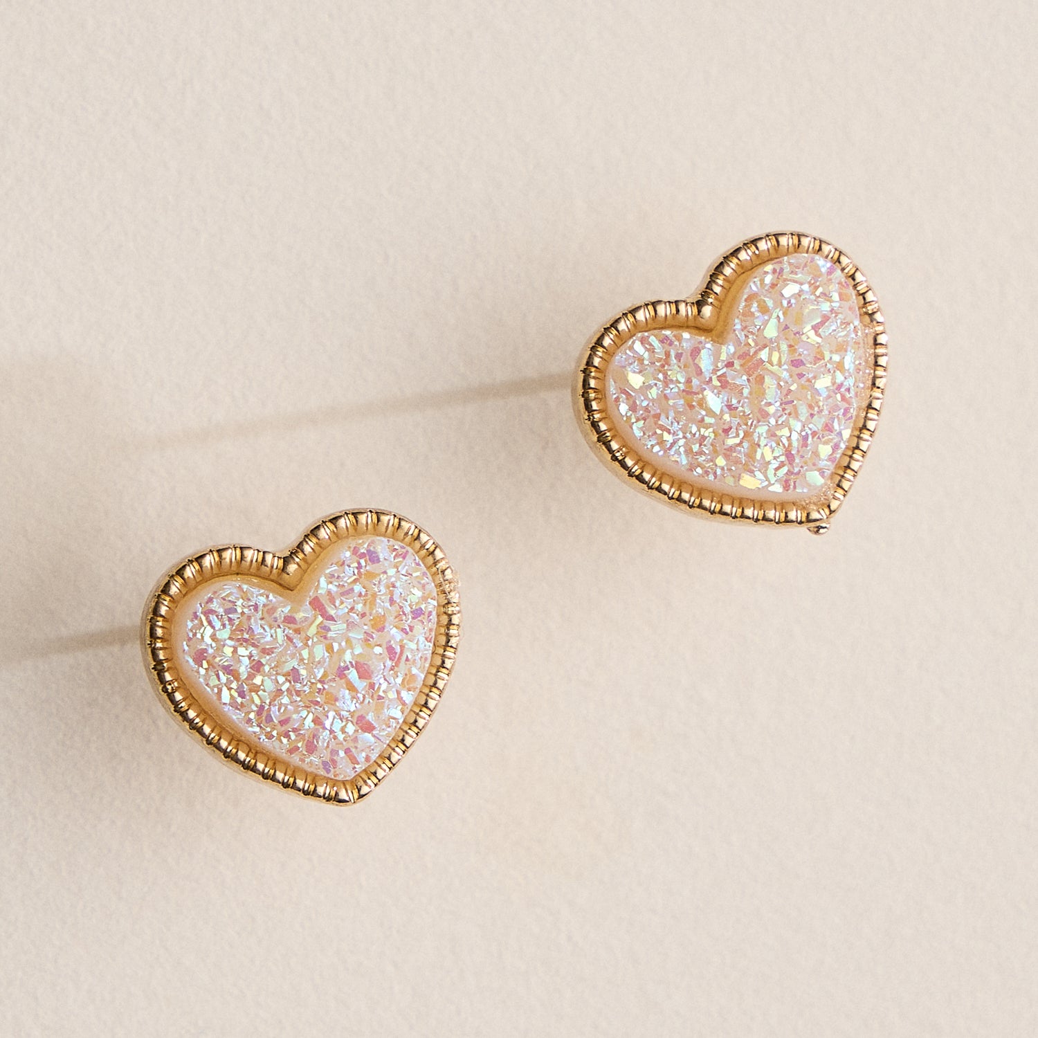 Elegant Gold-Trimmed Druzy Heart Stud Earrings