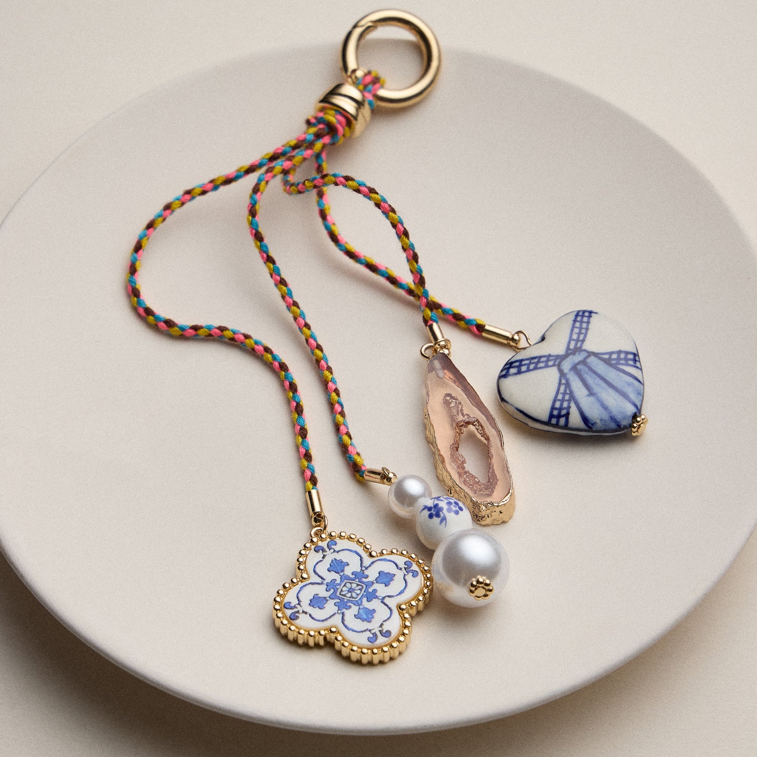 Colorful Cord Bag Charm with Ceramic and Pearl Charms