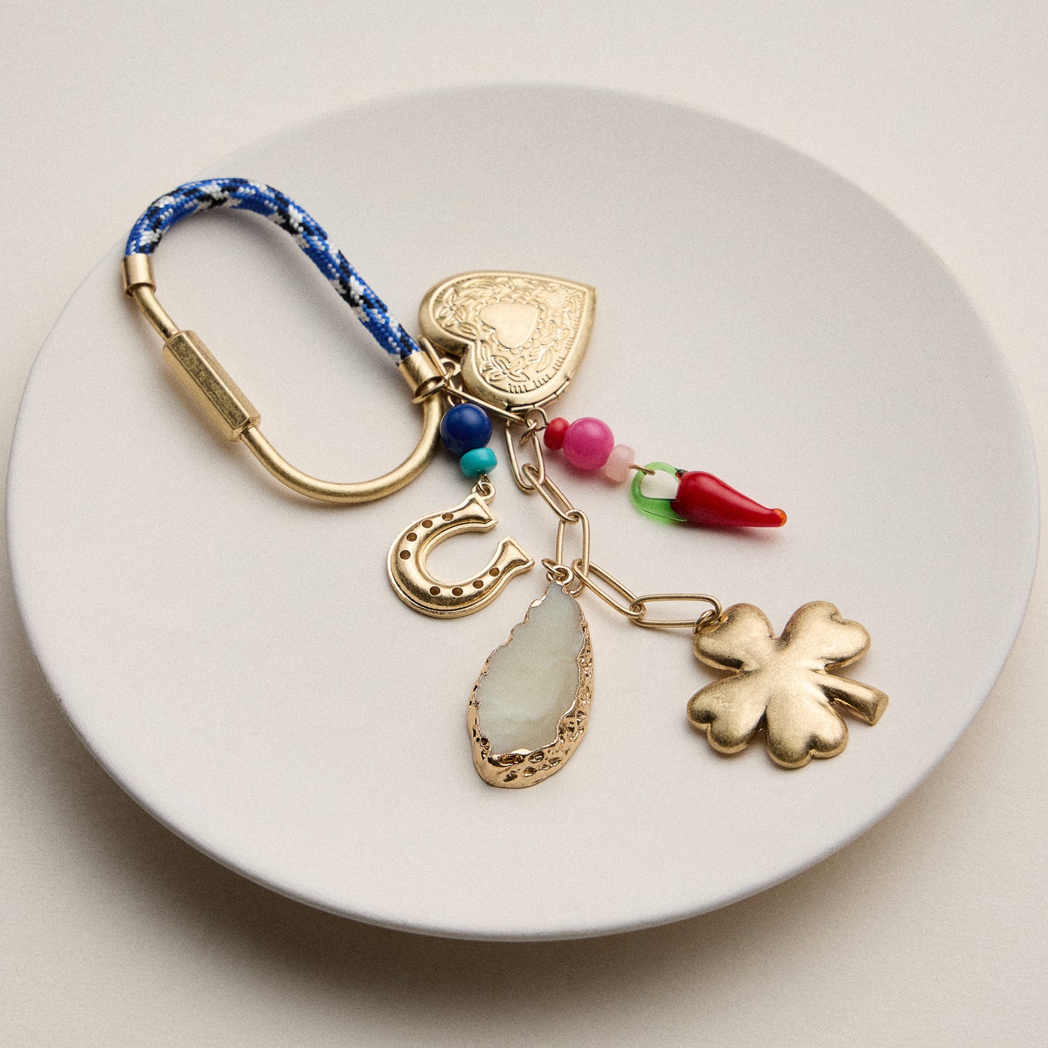 Lucky Charm Keychain with Heart, Clover and Horseshoe