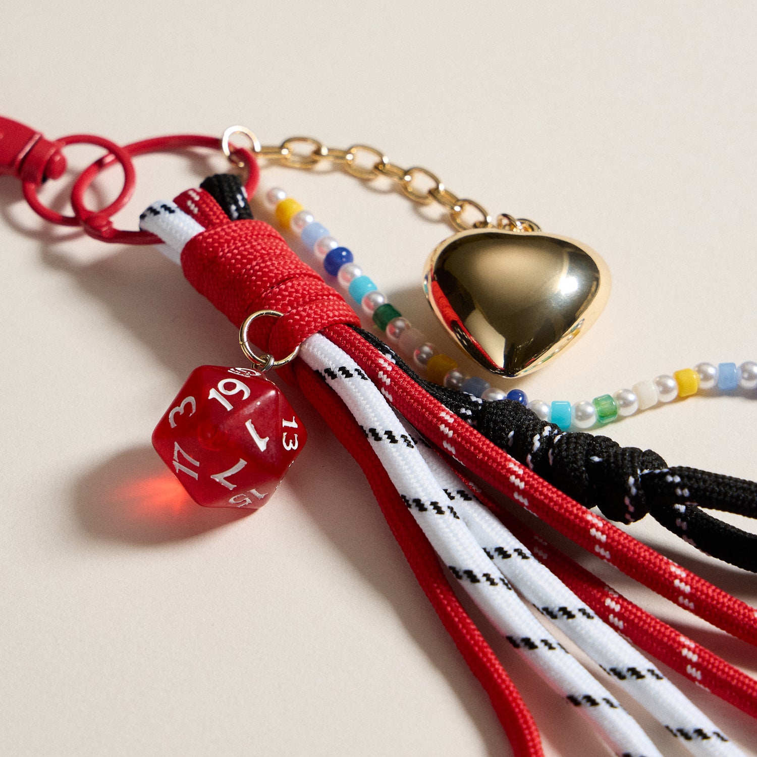 Gold D20 Dice and Heart Charm Keychain with Red Rope Accent