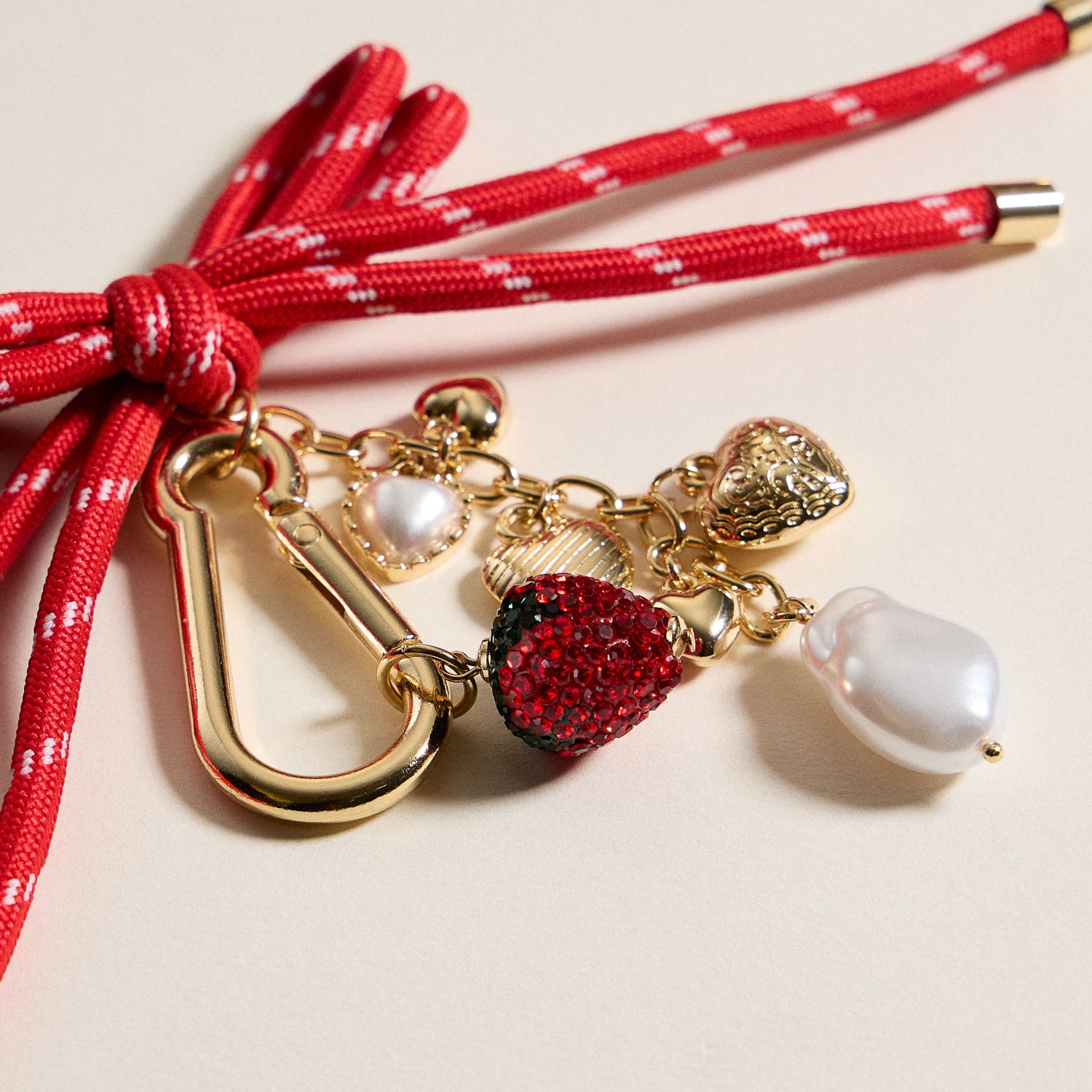 Enamel Strawberry Heart Charm Keychain with Bow