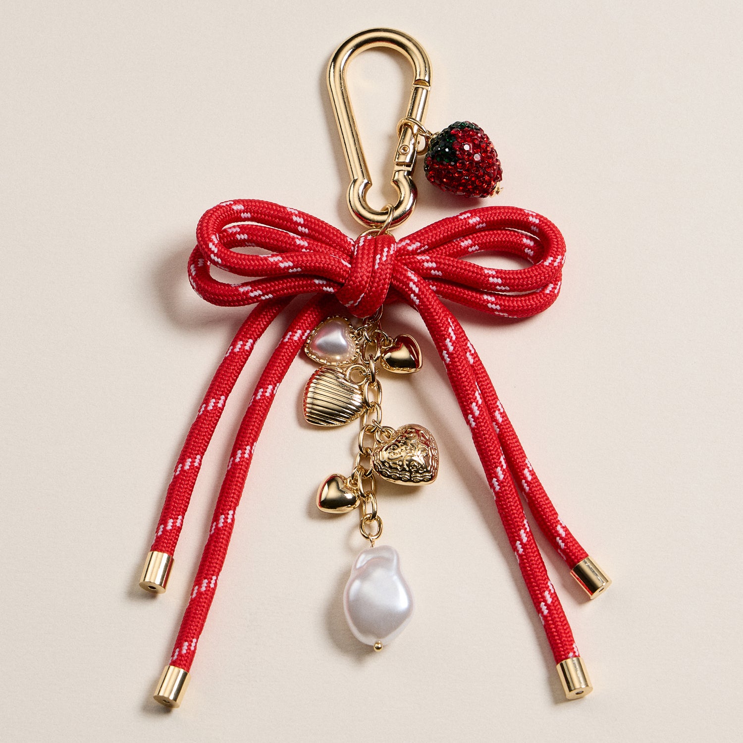 Enamel Strawberry Heart Charm Keychain with Bow
