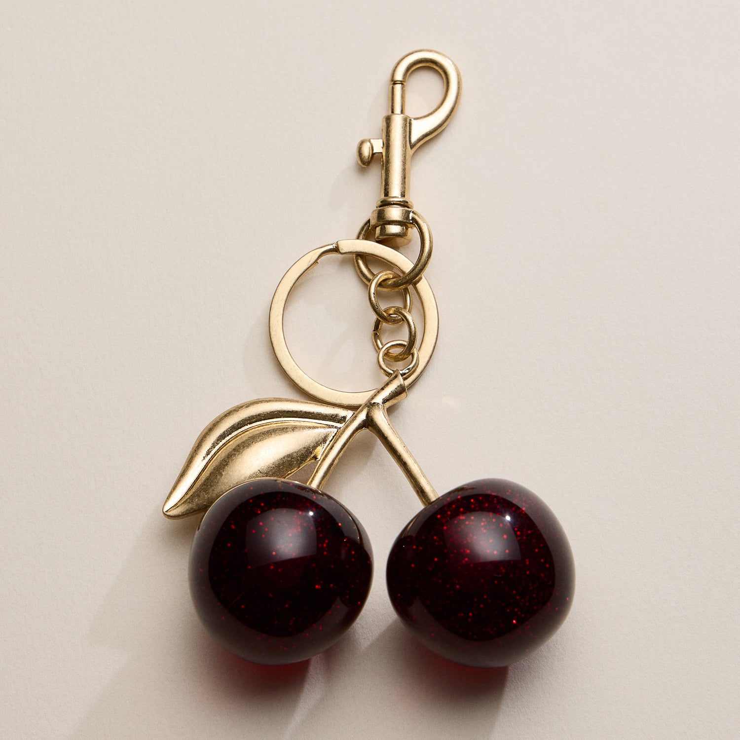 4.5 x 2.5 Red Glass Cherry Bag Charm Keychain with Gold Leaf