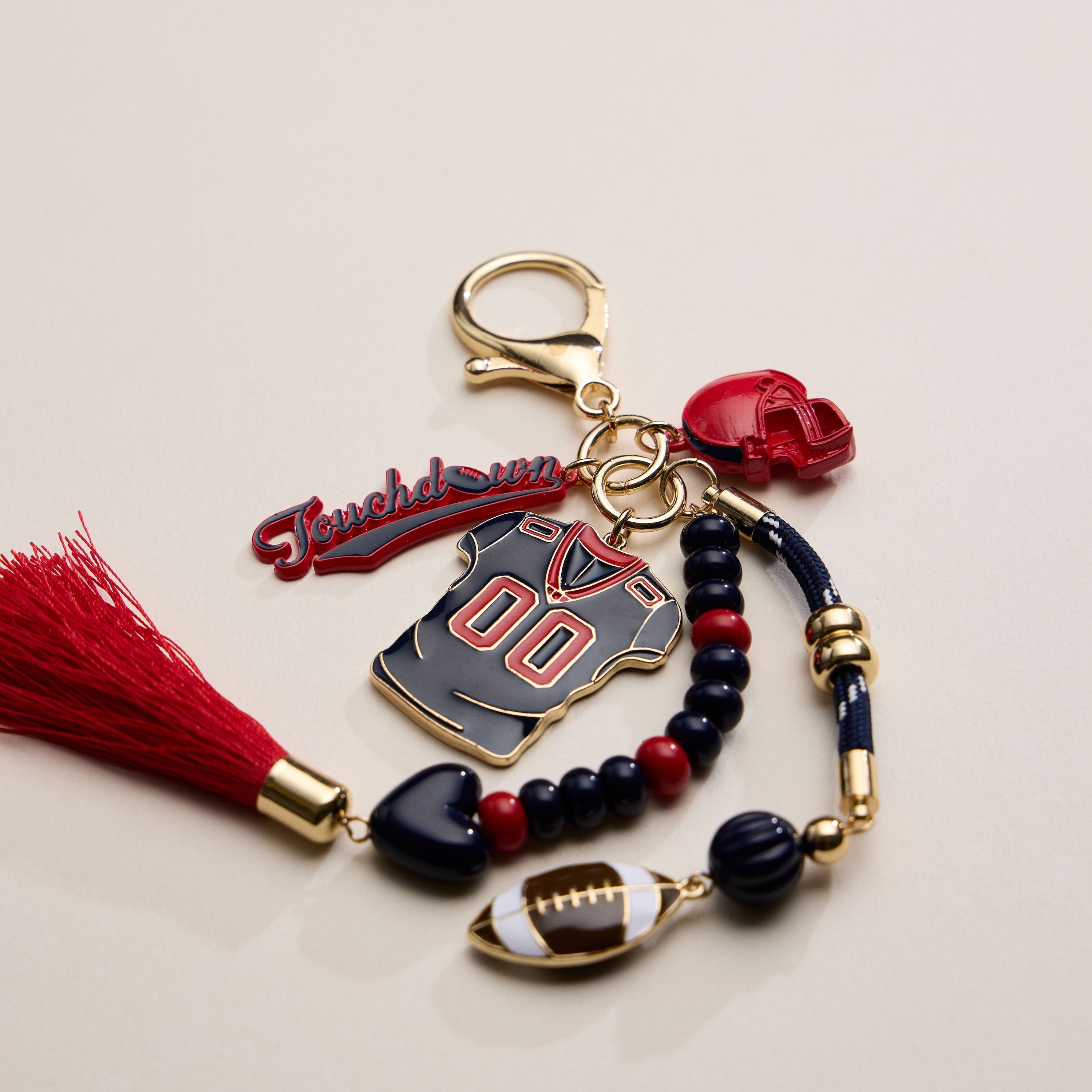 Gameday Football Keychain – Football Jersey, Helmet, Touchdown Charm & Tassel Bag Accessory - Frem