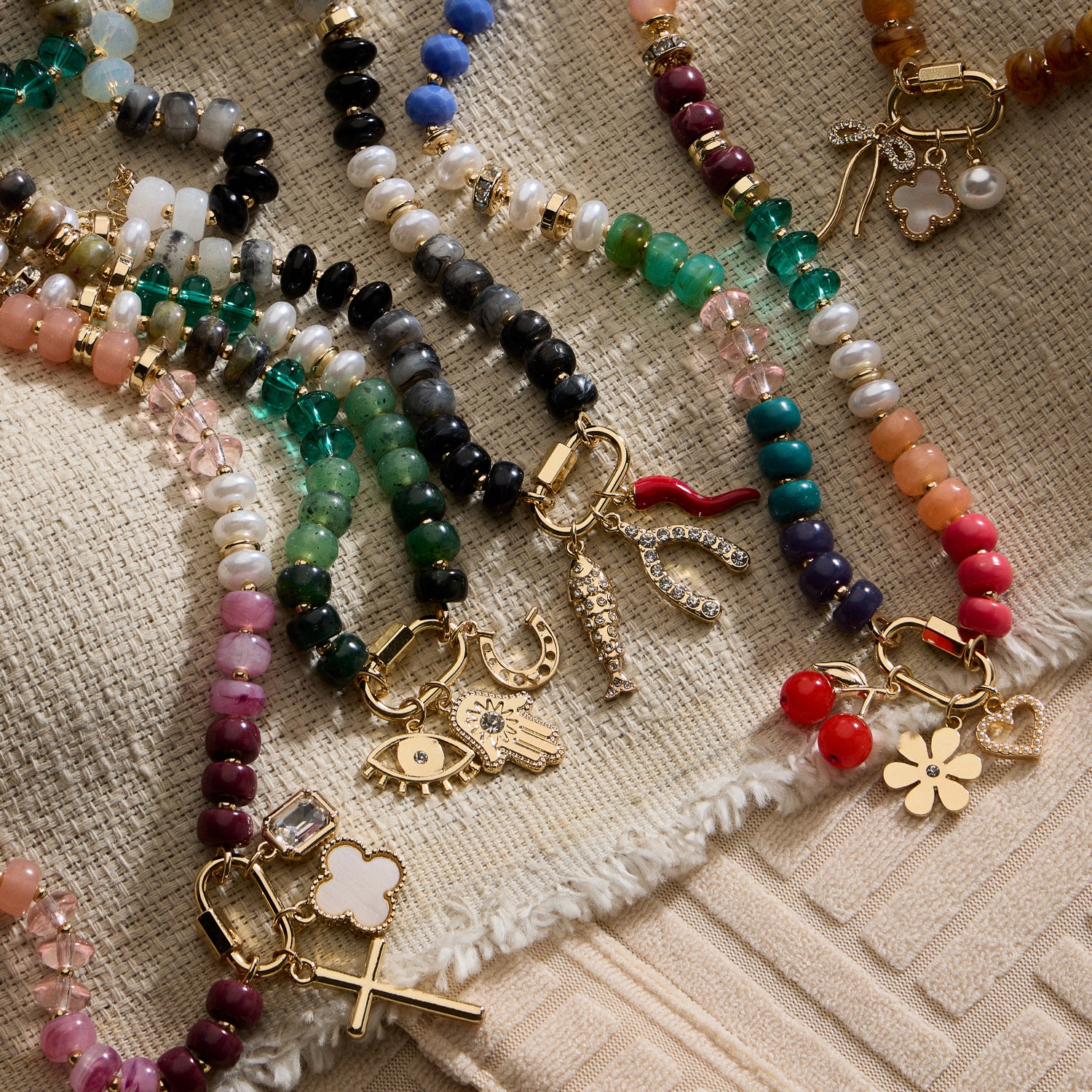 Textured Glass Bead Necklace with Charm Trio