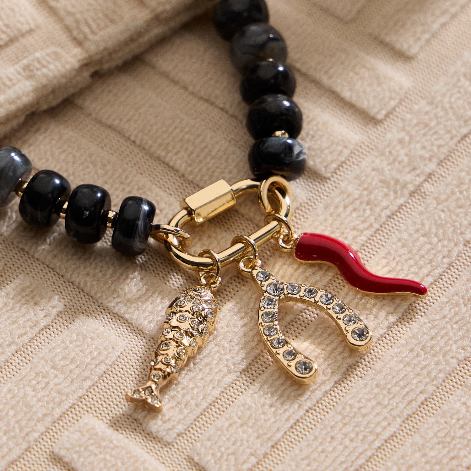 Layered Glass Bead Necklace with Trio of Charms