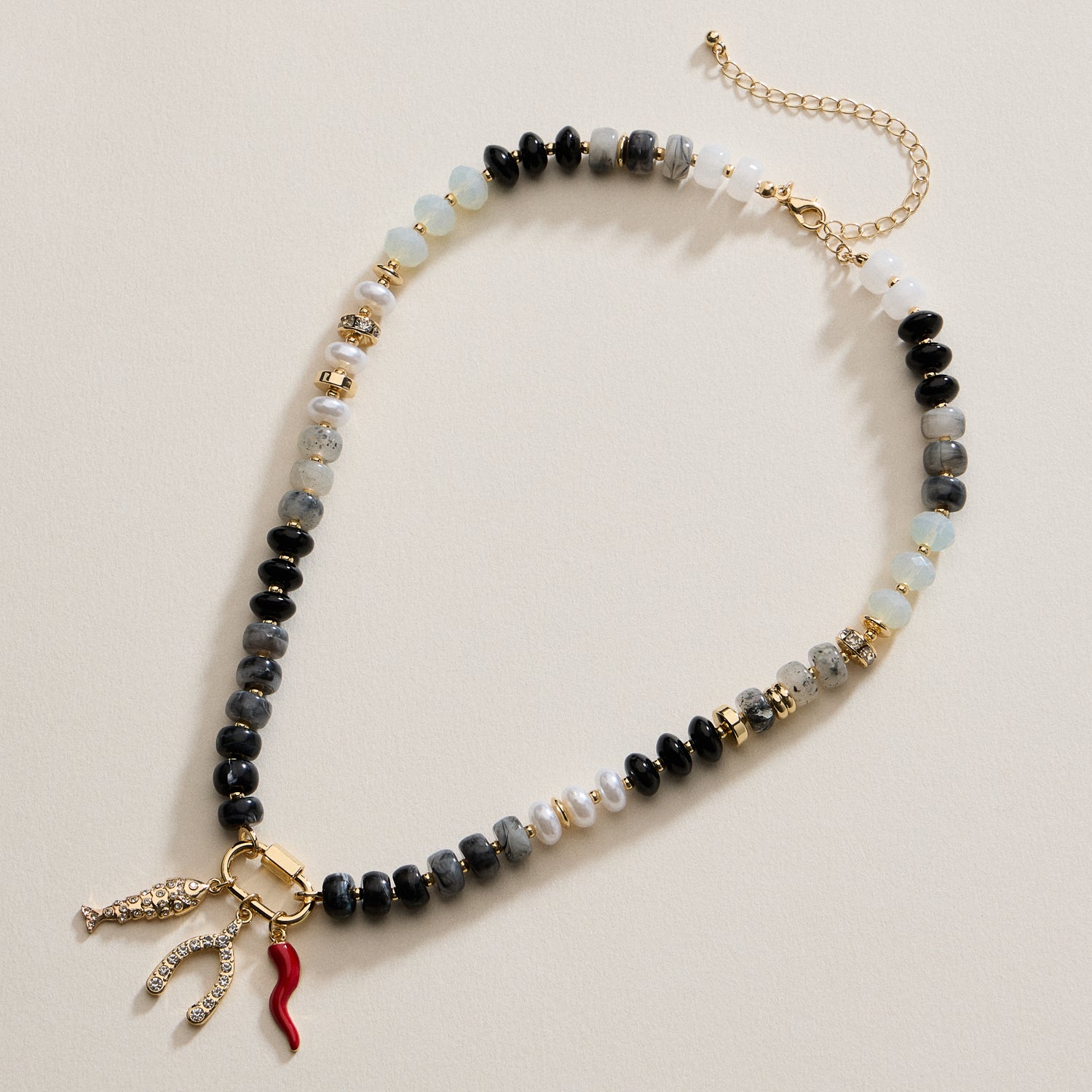 Layered Glass Bead Necklace with Trio of Charms