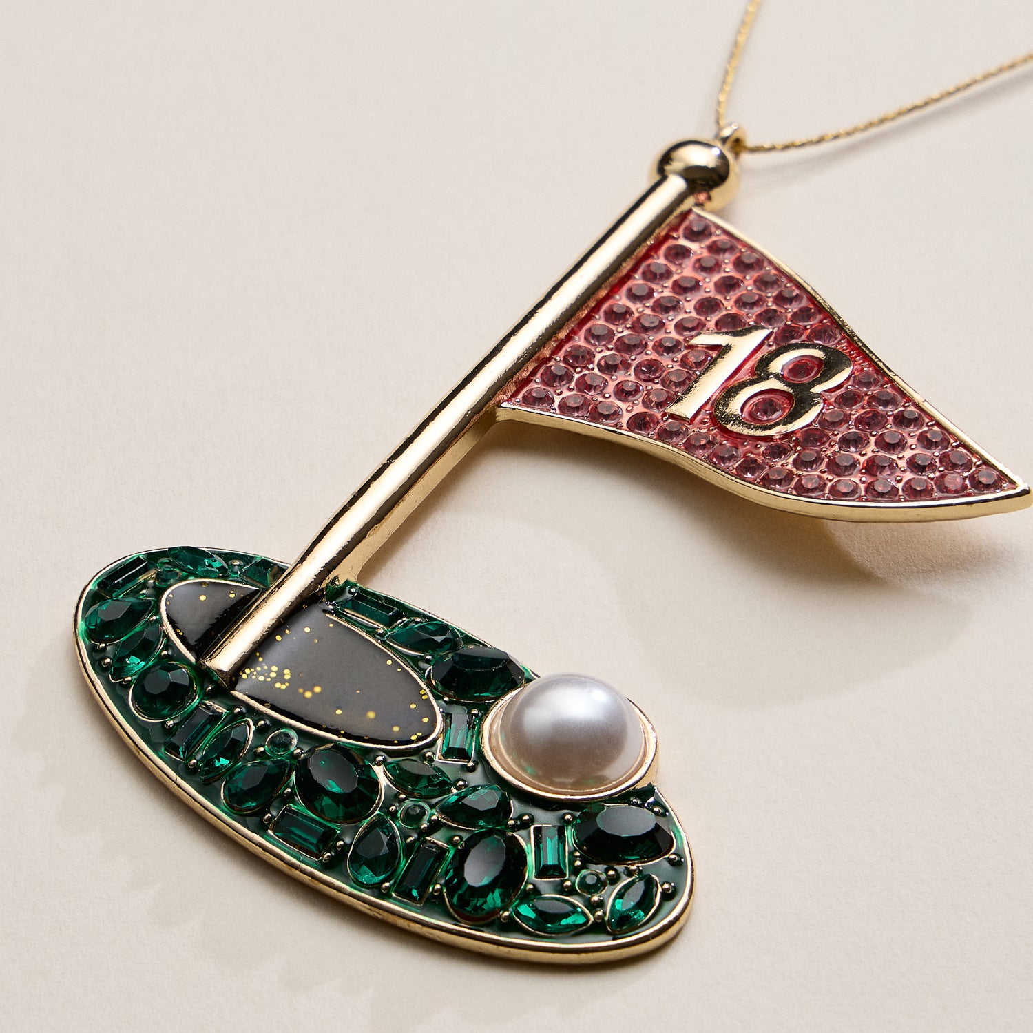 Golf Flag Ornament with Pink Pavé Flag and Pearl Detail