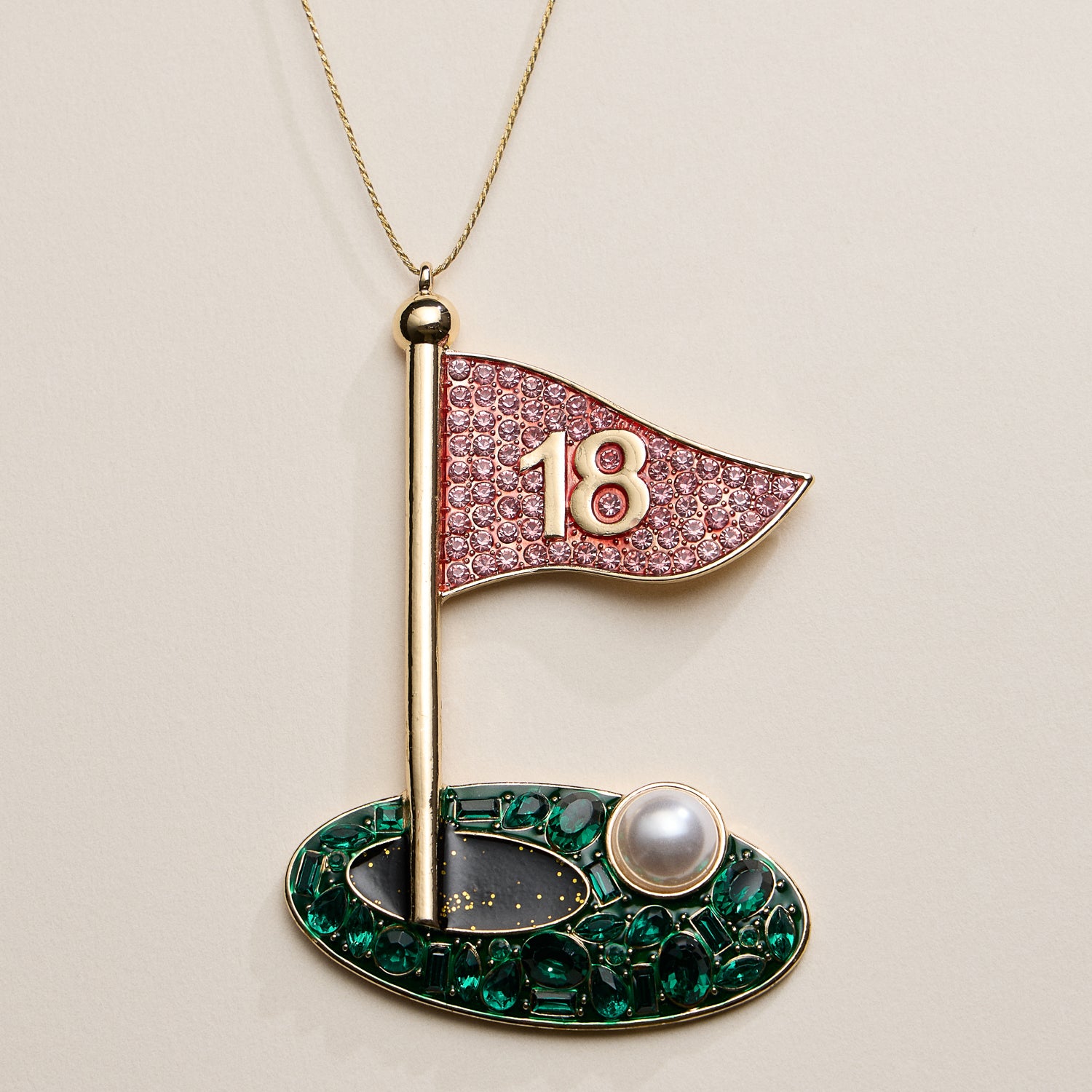 Golf Flag Ornament with Pink Pavé Flag and Pearl Detail