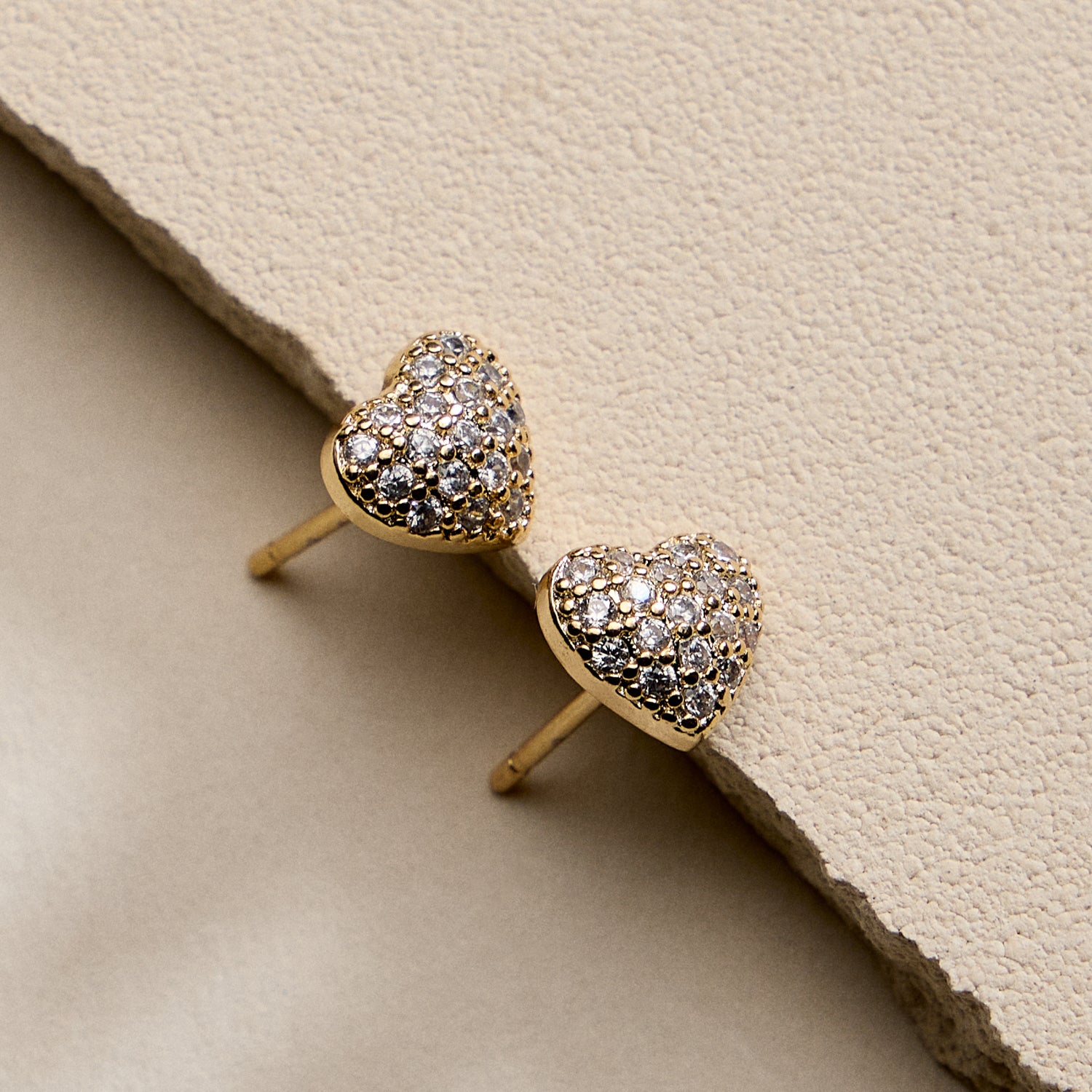 Gold Filled Heart Stud Earrings with Sparkling Crystals