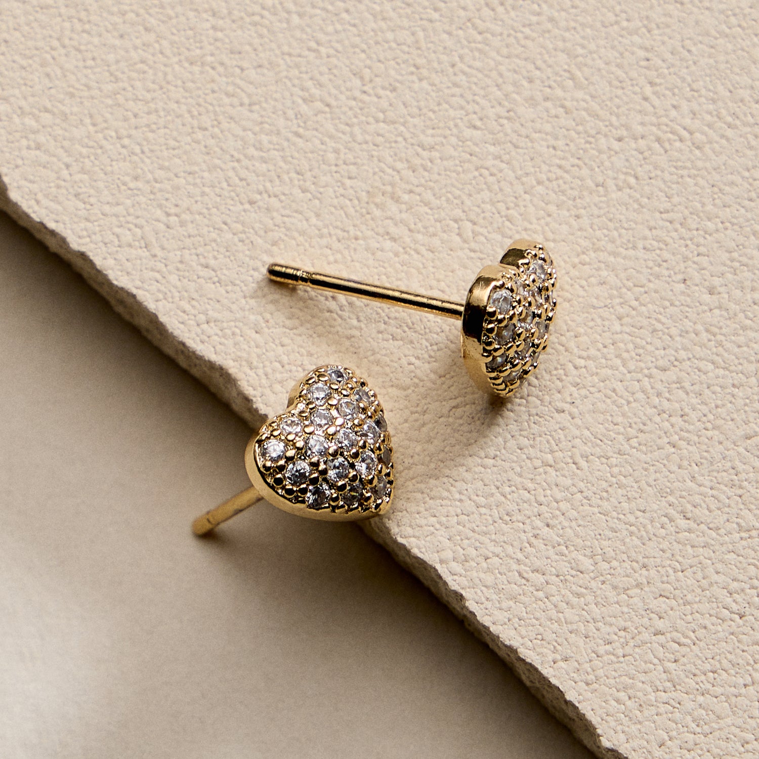 Gold Filled Heart Stud Earrings with Sparkling Crystals