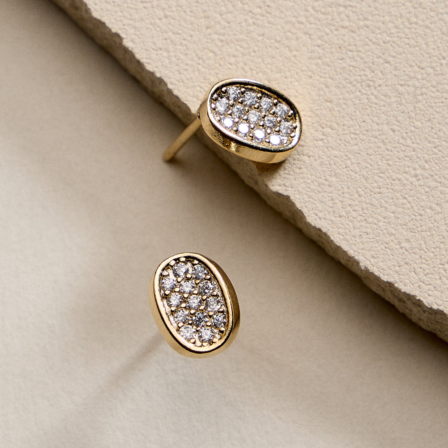 Gold Oval Pave Stud Earrings