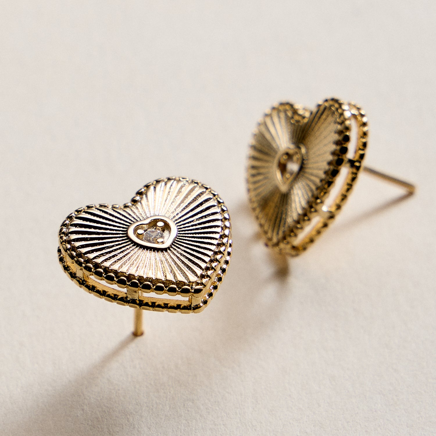 Gold Filled Heart Stud Earrings with CZ Center – Textured Love Design
