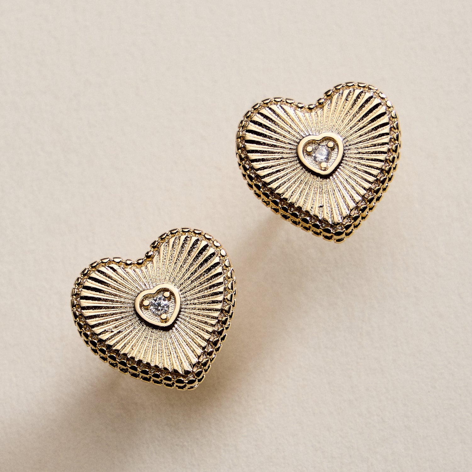 Gold Filled Heart Stud Earrings with CZ Center – Textured Love Design