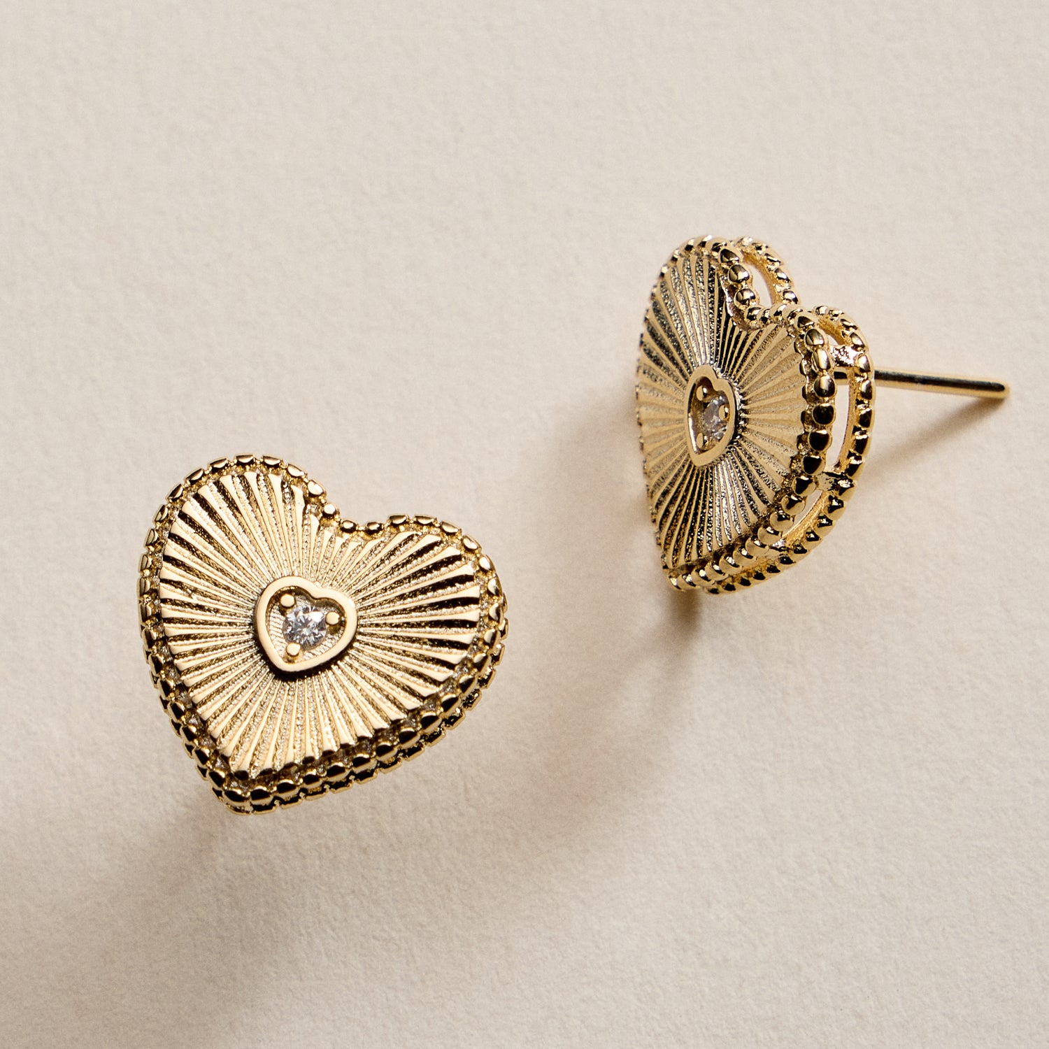 Gold Filled Heart Stud Earrings with CZ Center – Textured Love Design