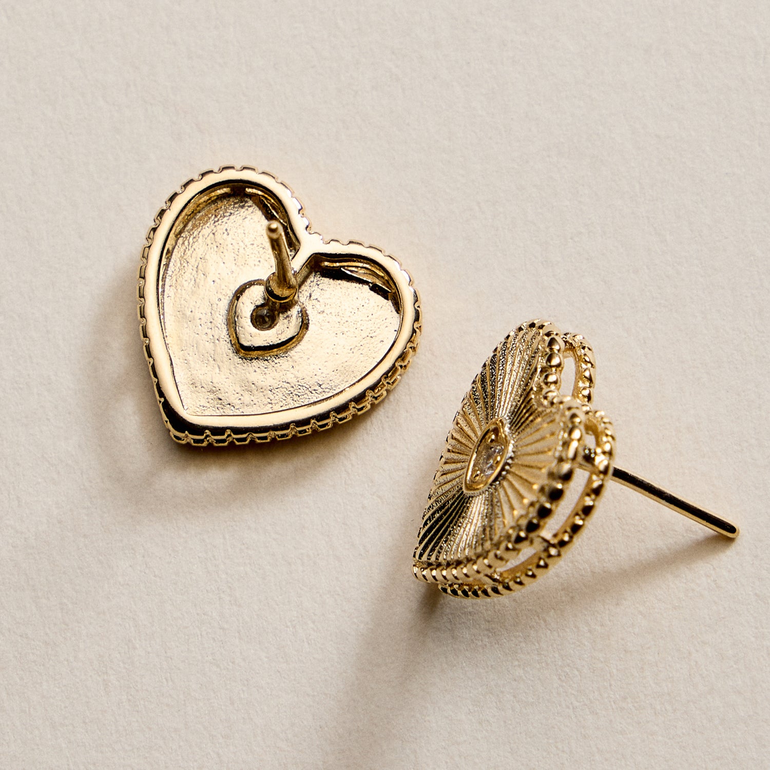 Gold Filled Heart Stud Earrings with CZ Center – Textured Love Design
