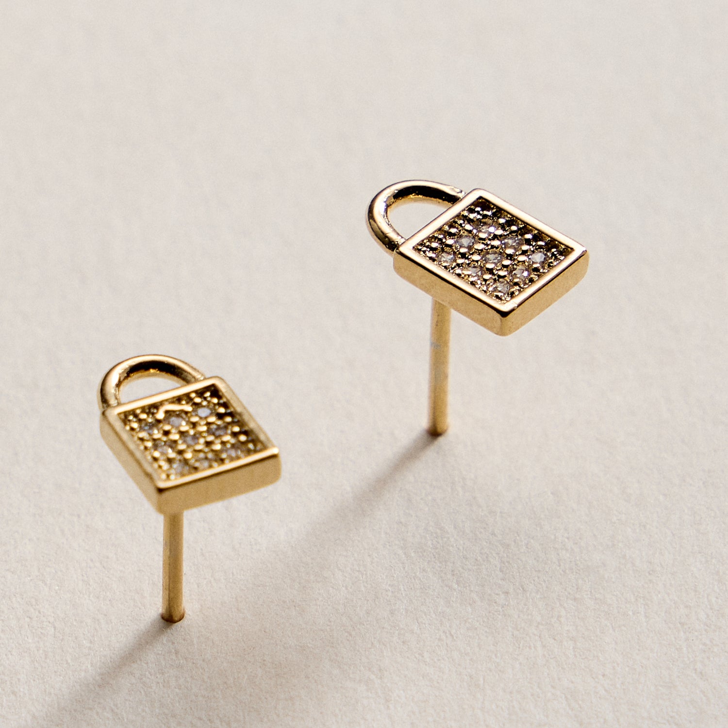 Gold Filled Padlock Stud Earrings with CZ Pave