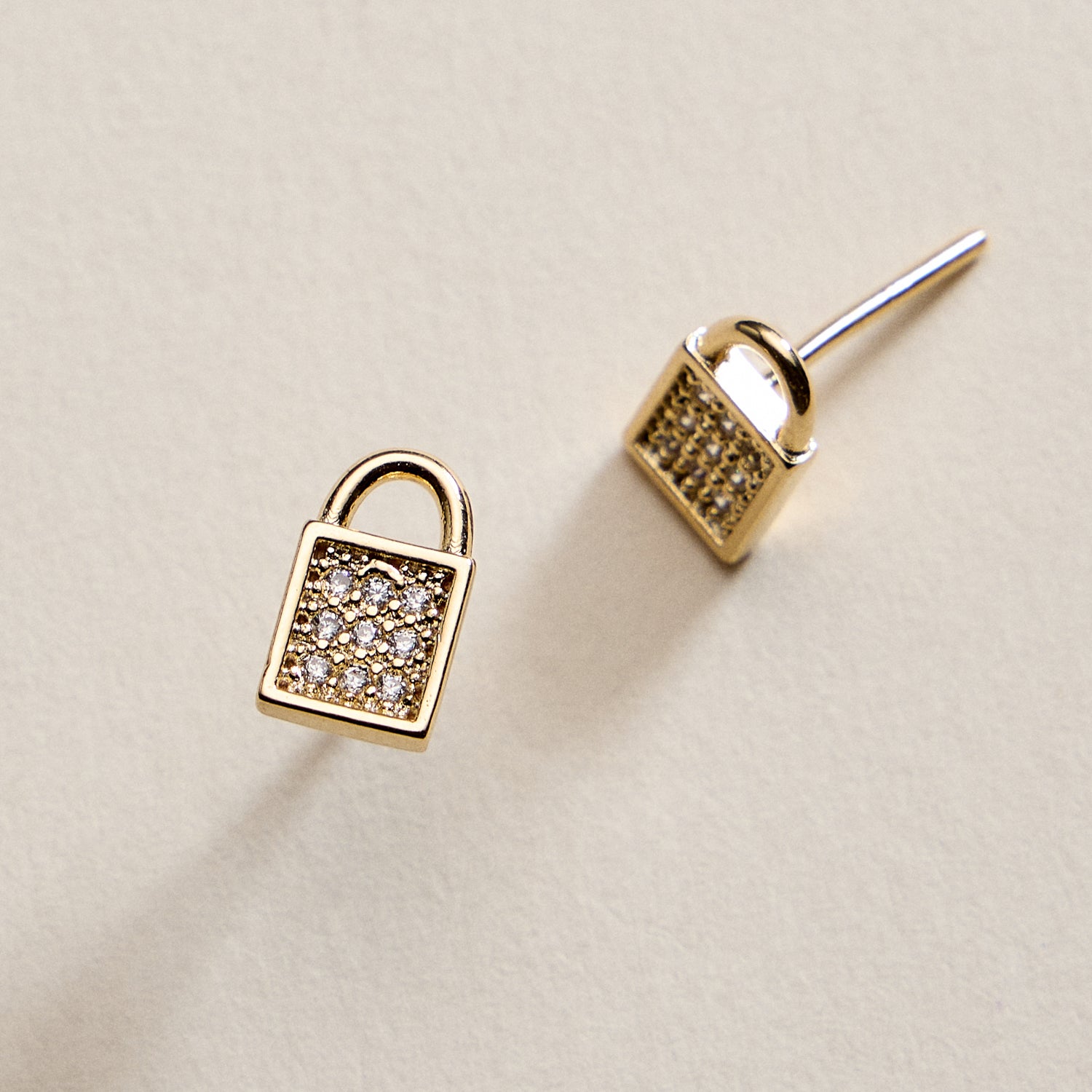 Gold Filled Padlock Stud Earrings with CZ Pave