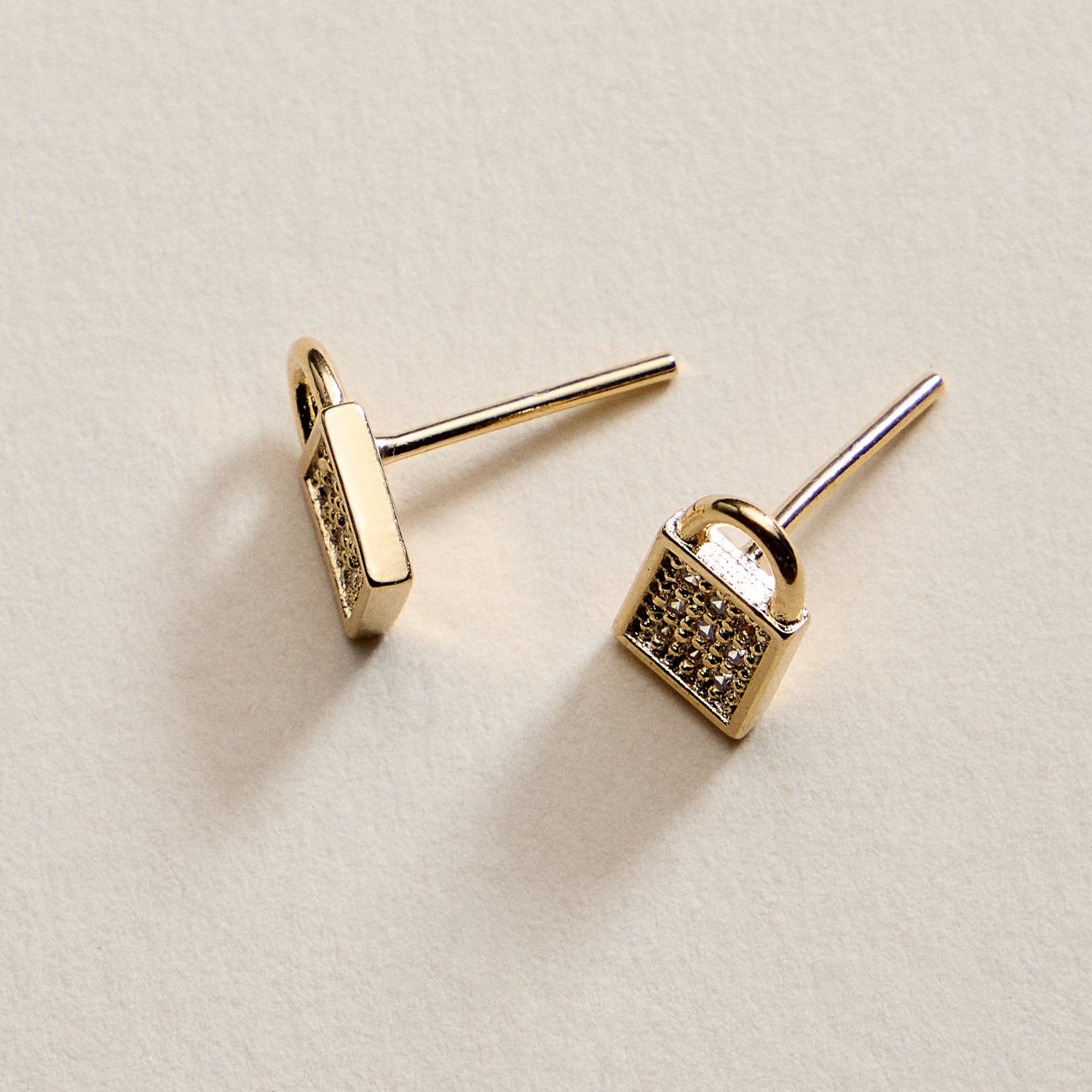 Gold Filled Padlock Stud Earrings with CZ Pave