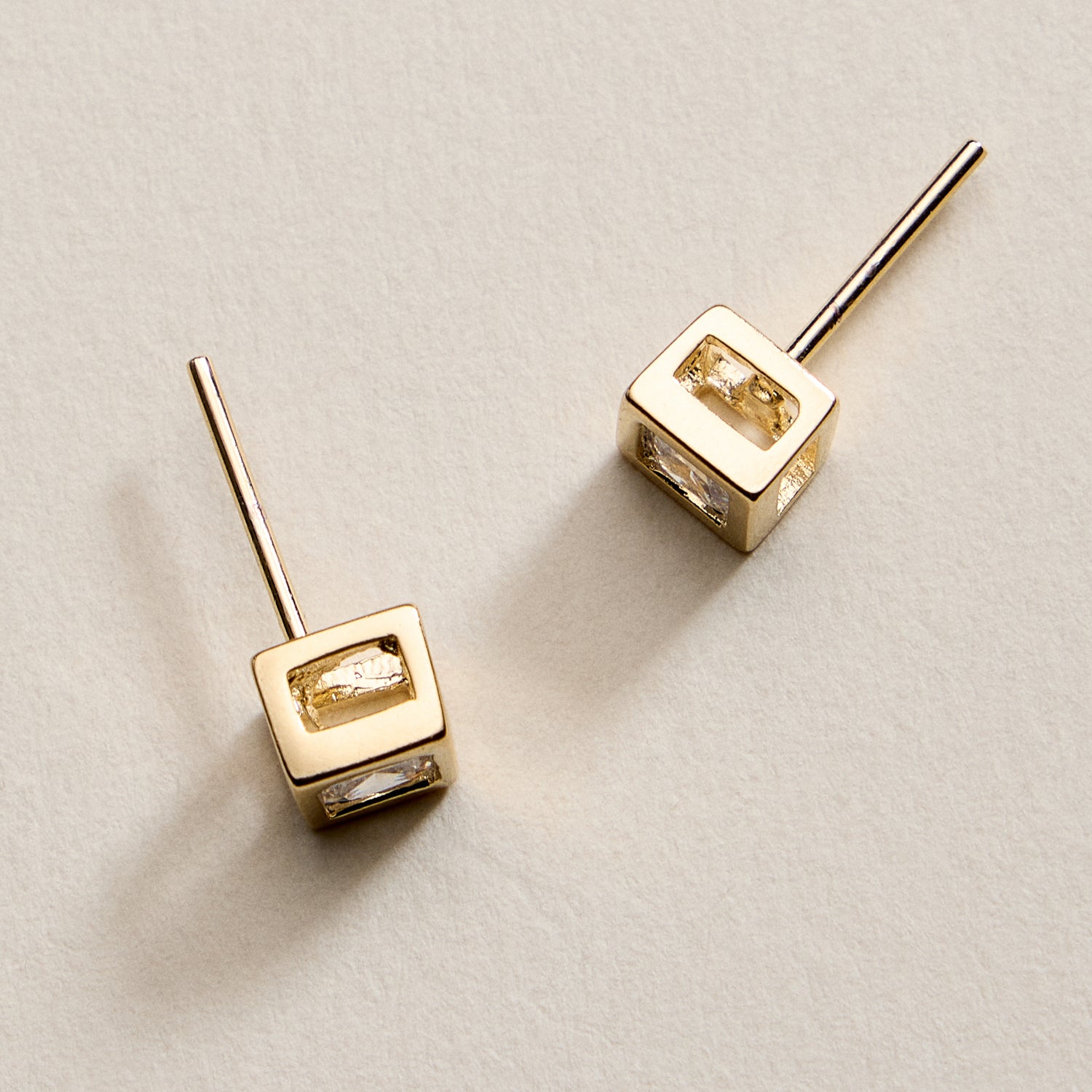 Gold Filled Cube Crystal Stud Earrings