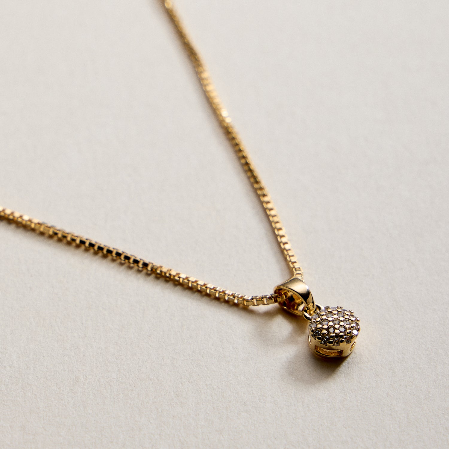 Gold Filled Box Chain Necklace with Crystal Ball Pendant