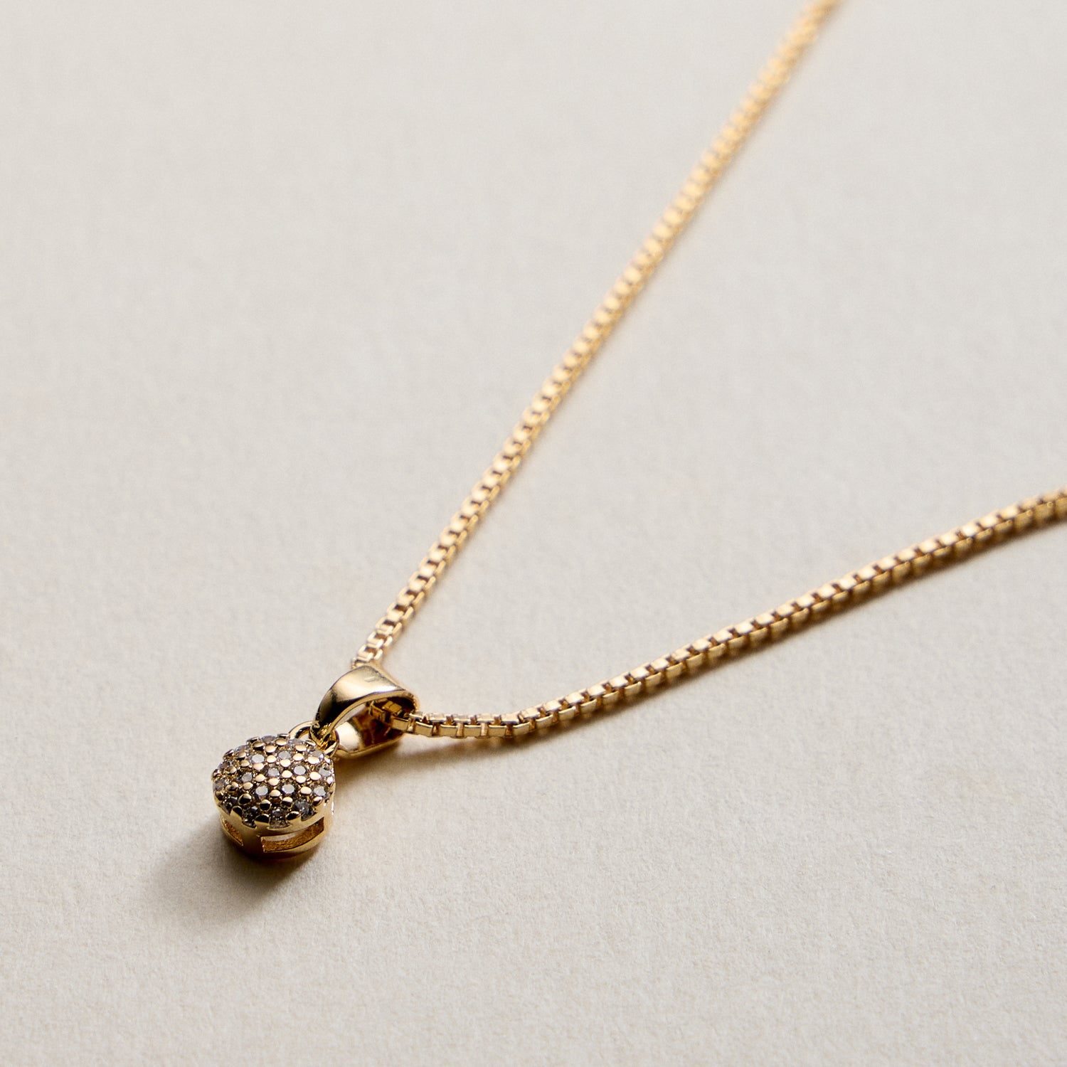 Gold Filled Box Chain Necklace with Crystal Ball Pendant
