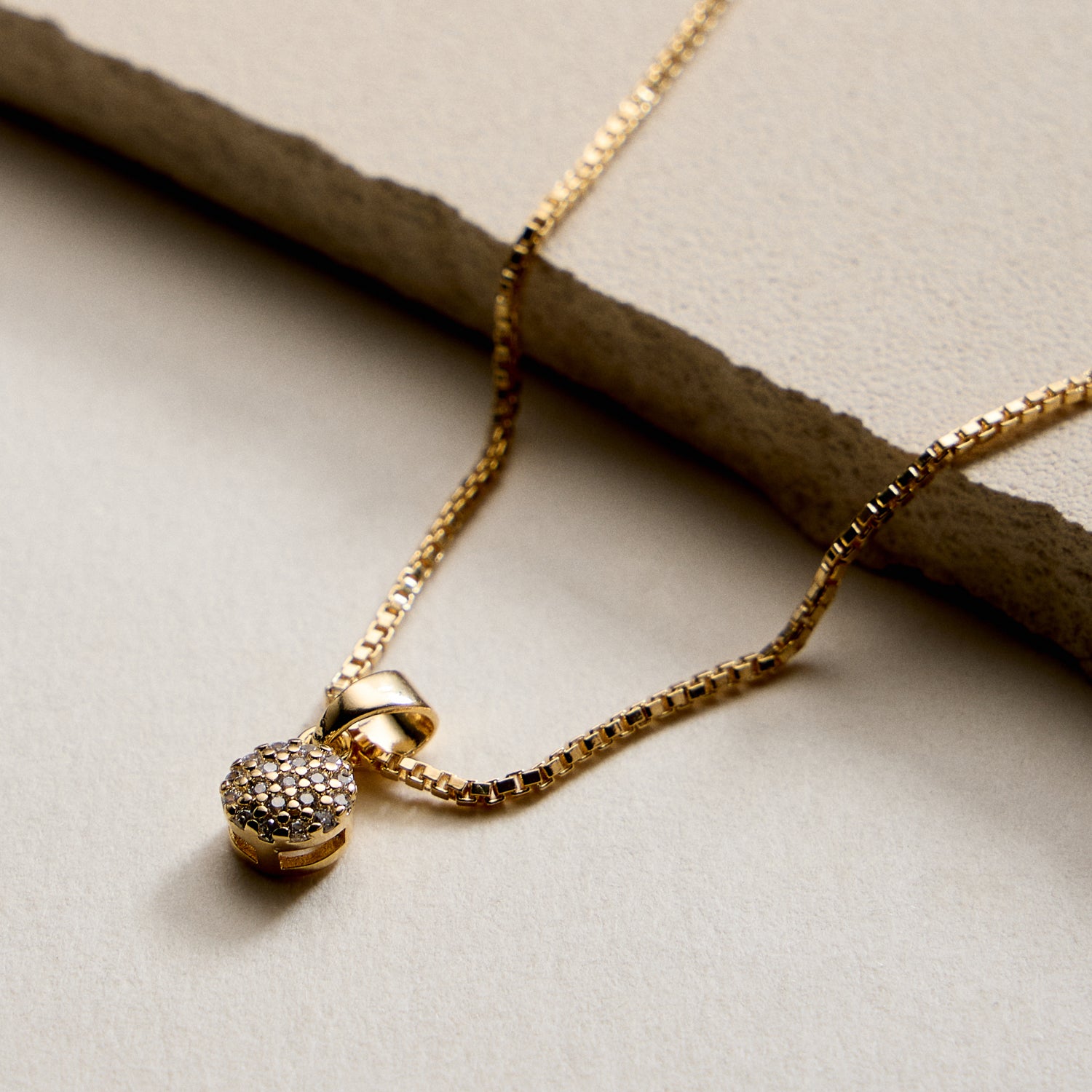 Gold Filled Box Chain Necklace with Crystal Ball Pendant